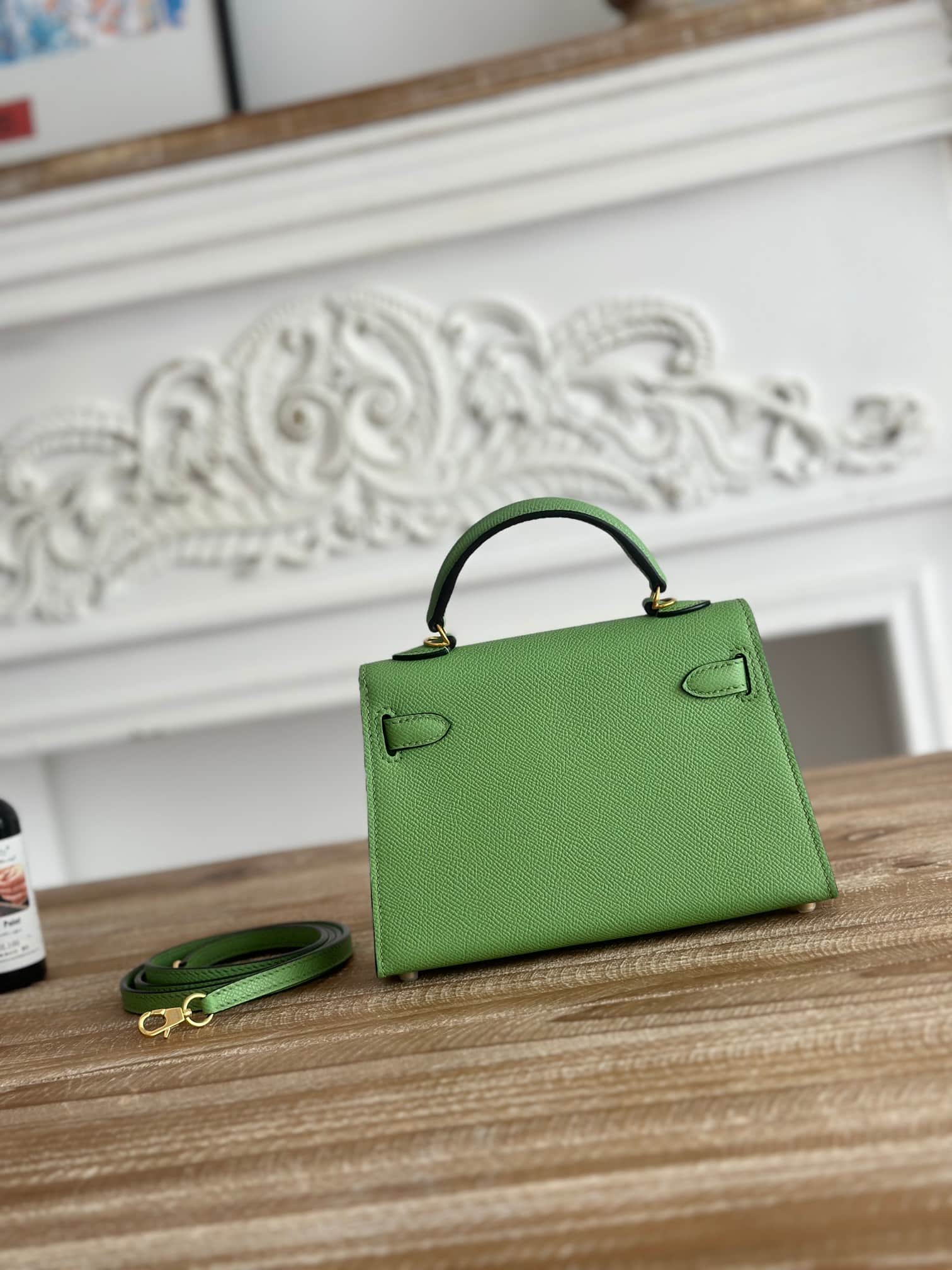 Hermes Kelly Mini II Bag Epsom Leather WAX Silver/Gold Metal Vert Criquet High