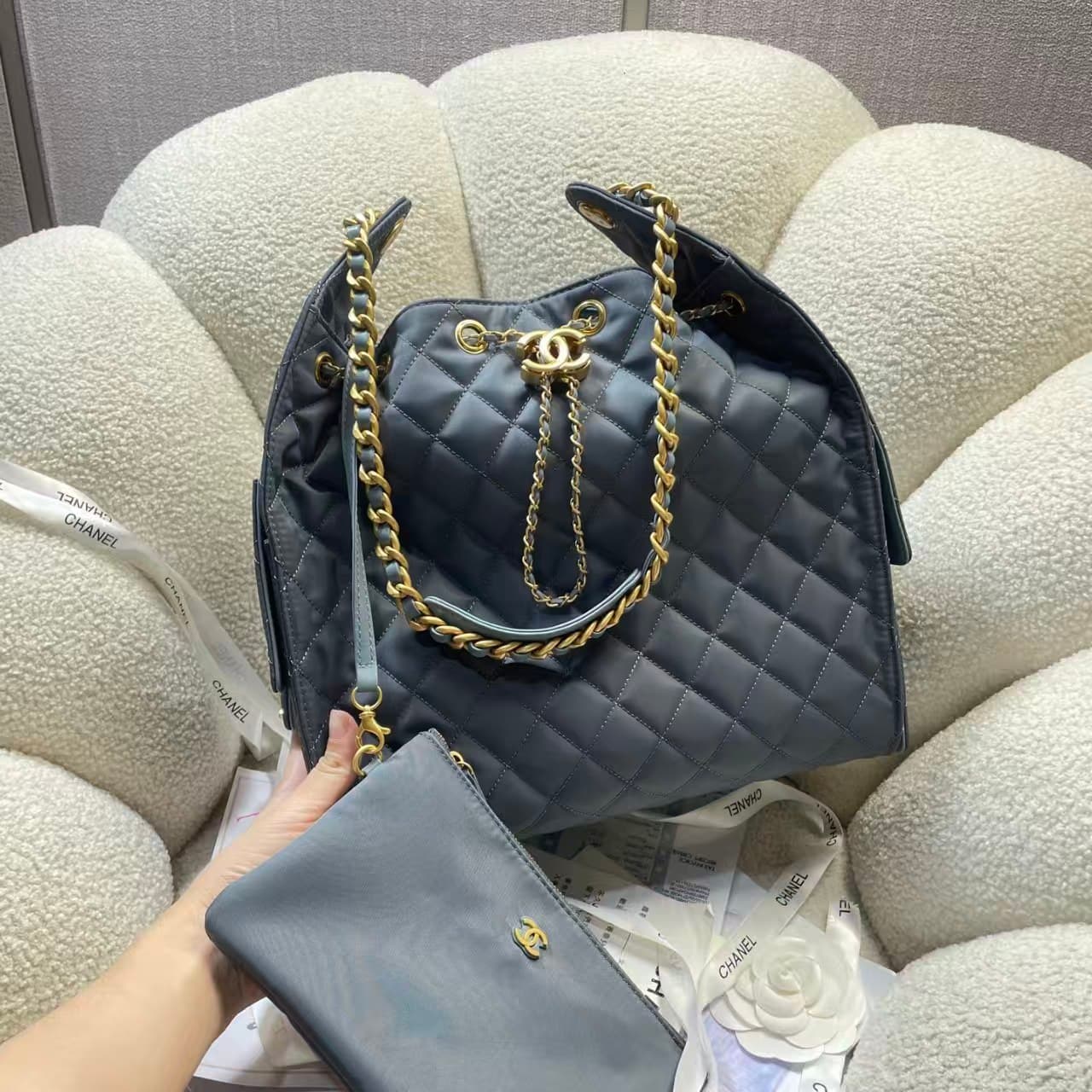 Chanel 25 Medium Hobo handbag AS5311 Canvas & Gold-Tone Metal Drak Blue  A