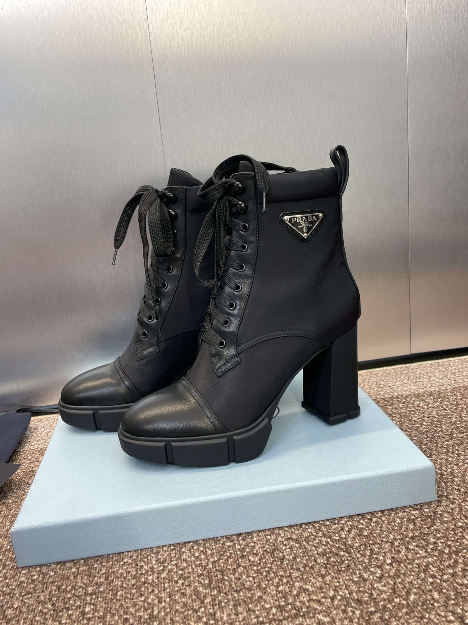Prada Enameled Metal Triangle Nylon Combat Boots Shoes High Women