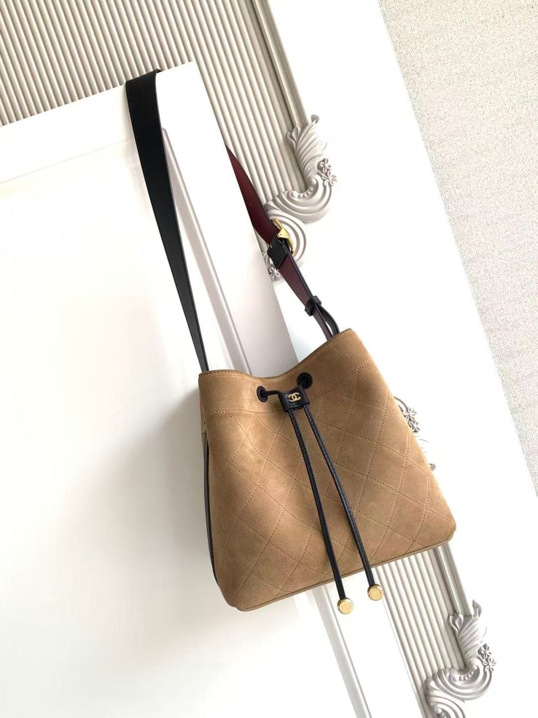 Chanel Small Bucket Bag Suede Calfskin & Gold-Tone Metal Dark Beige AS6584 A