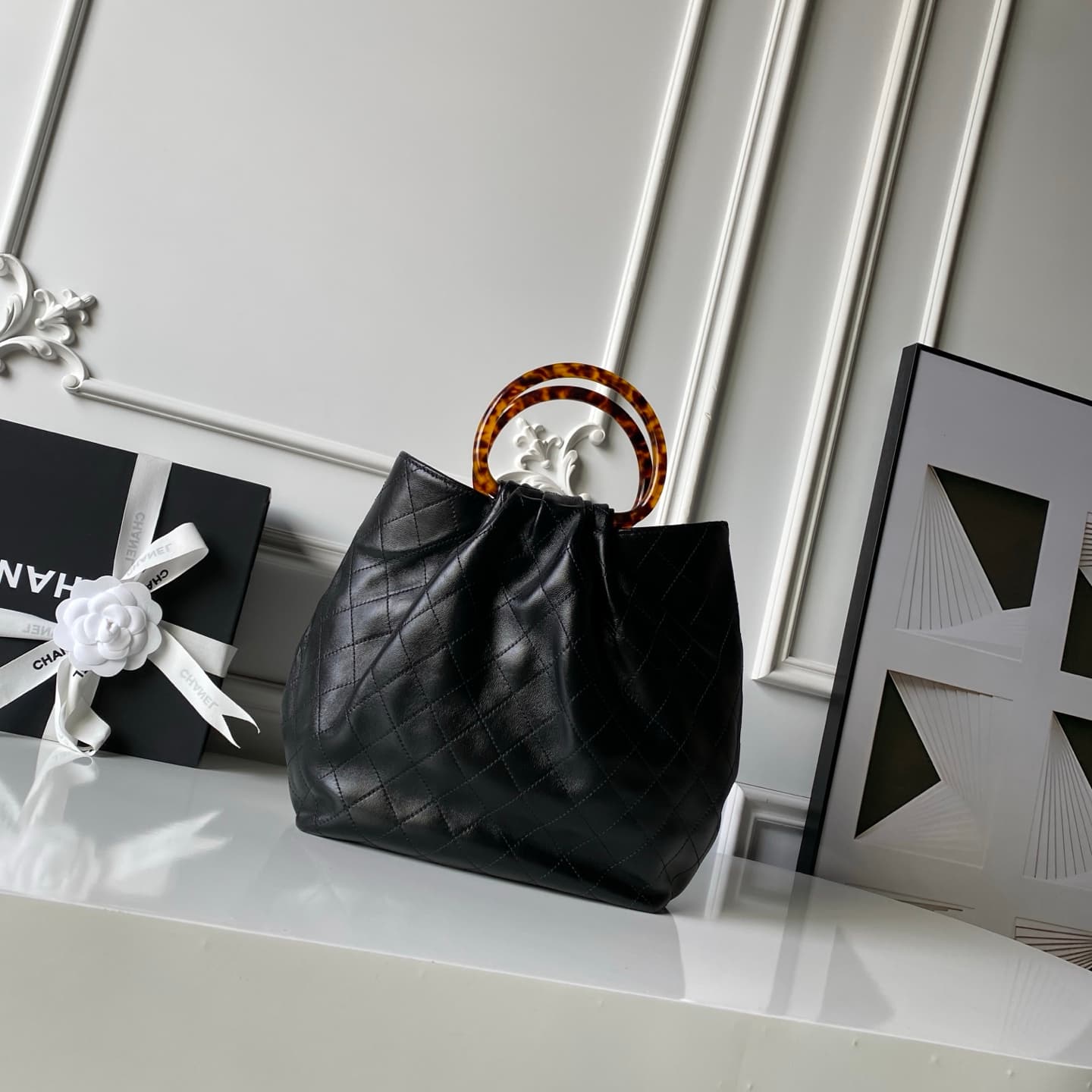 Chanel Medium Hobo Bag Lambskin-Shell Effect Plexi & Gold-Tone Metal Black AS6010 High