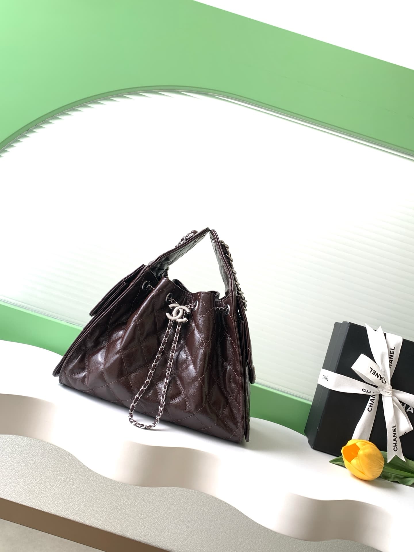 Chanel 25 Small Hobo handbag AS5293 Shiny calfskin&Silver-tone metal Drak Brown A