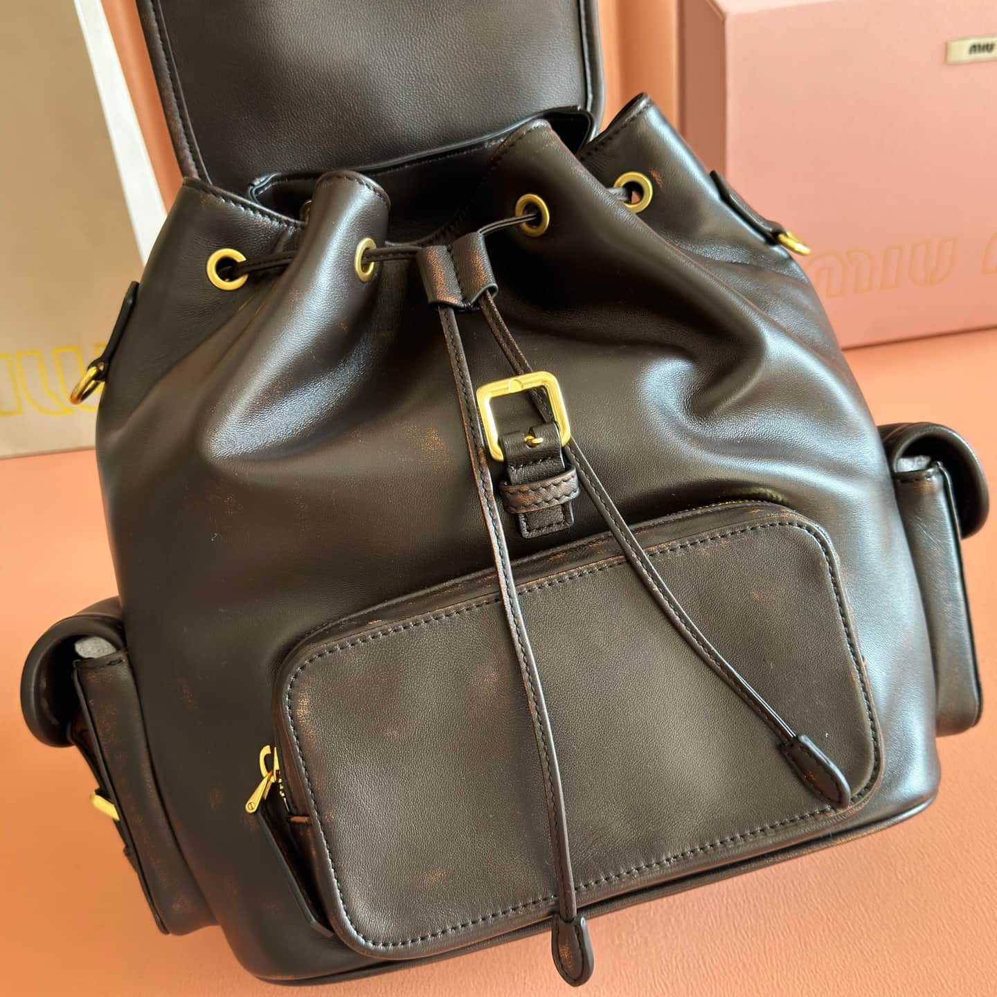 Miu Miu Leather backpack Coffee Calfskin 5BZ042  High
