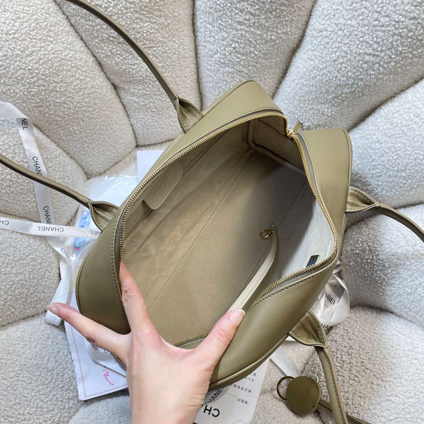 Chanel Maxi Bowling Bag Calfskin & Gold-Tone Metal Khaki AS6211 A