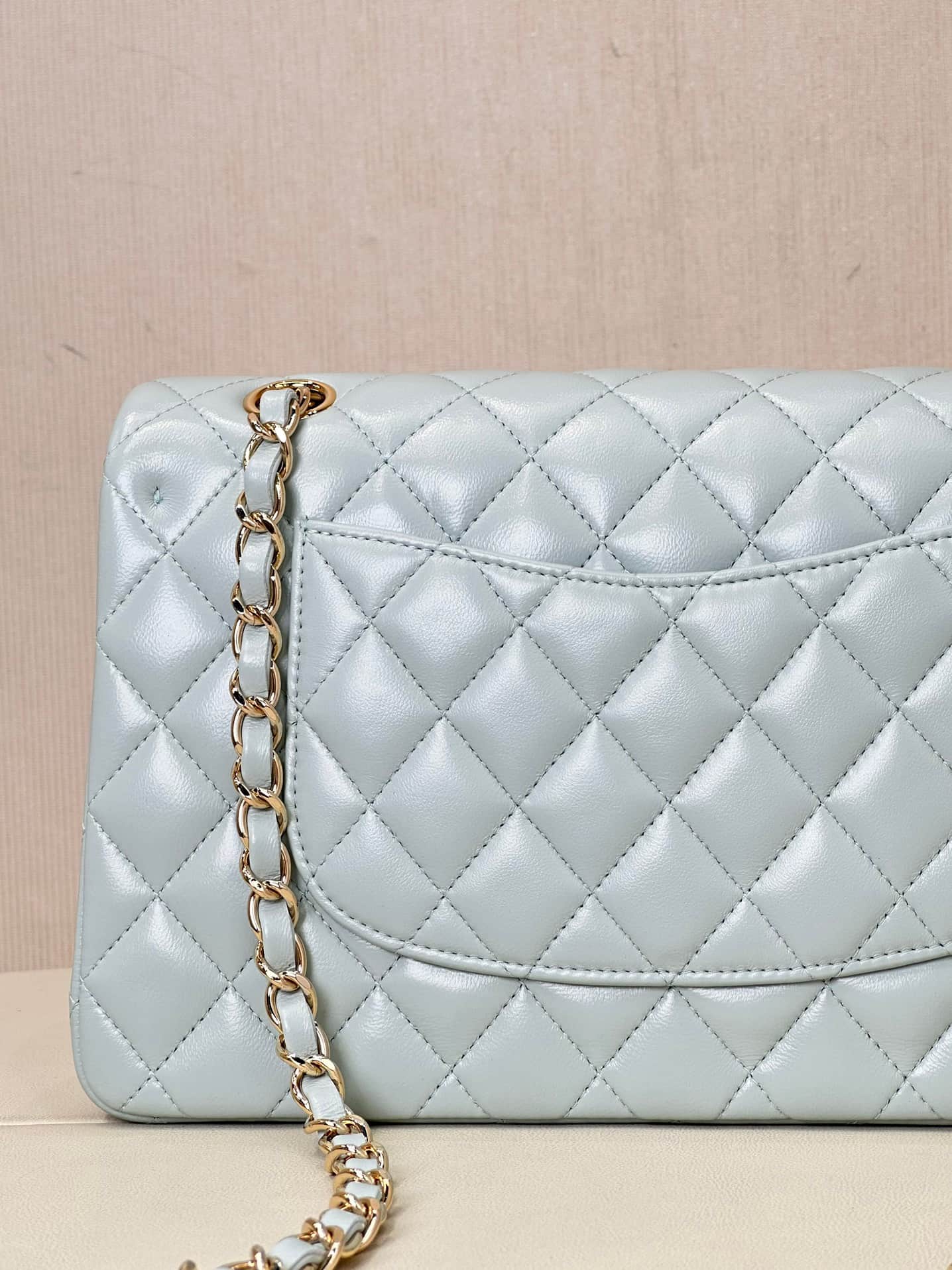 Chanel Medium CLASSIC HANDBAG Lambskin Gold-Tone Metal Light Blue TOP