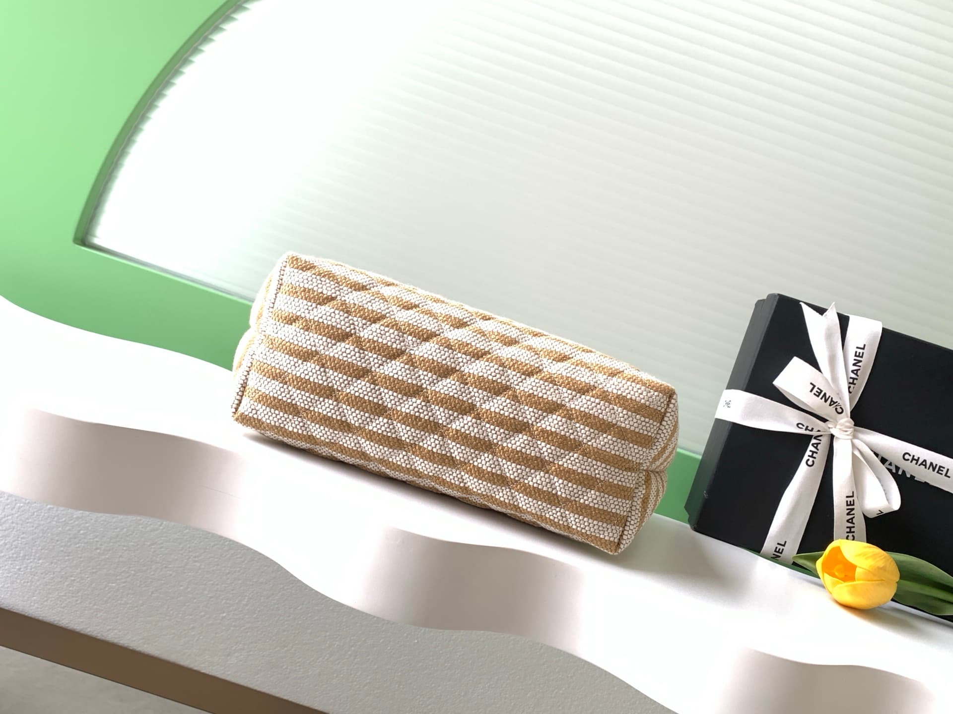 Chanel Zipped Case Printed Fabric & Gold-Tone Metal Beige & White AS4988 A