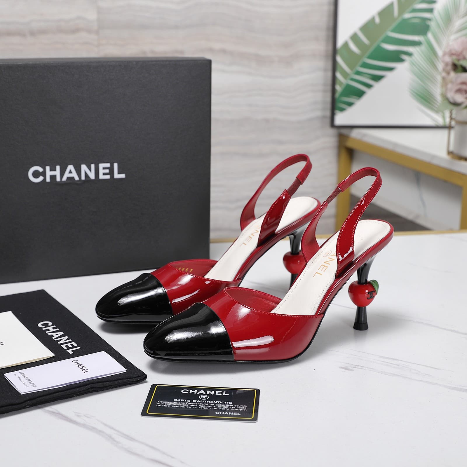 Chanel Lambskin Patent Cap Toe CC Slingback Pumps