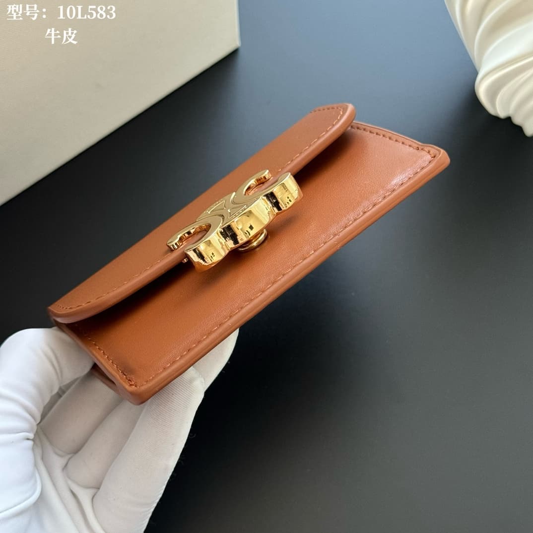 Celine Triomphe Flap Card Holder in shiny Caramel calfskin High
