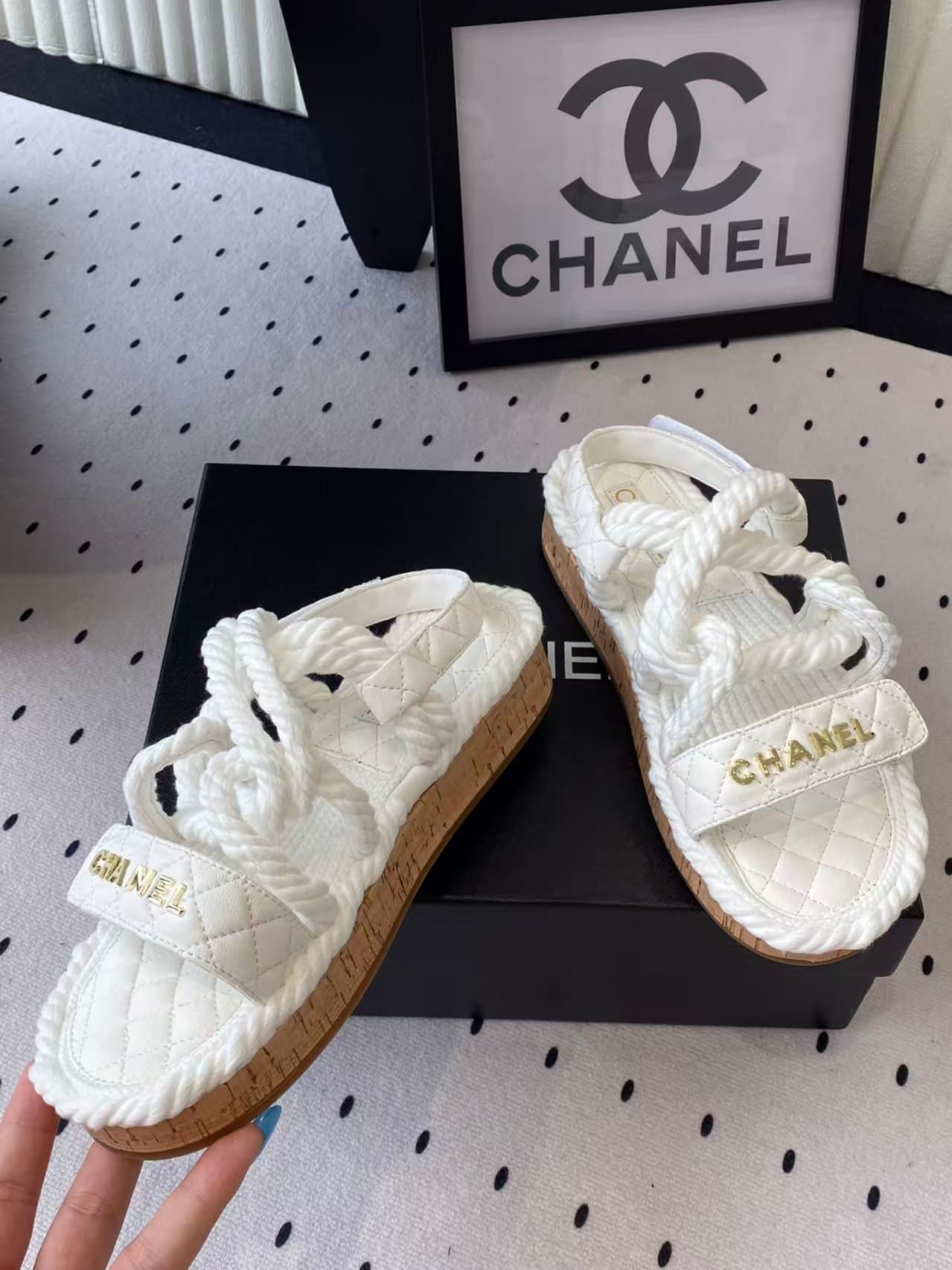 Chanel White Cord And Quilted Lambskin Sandals