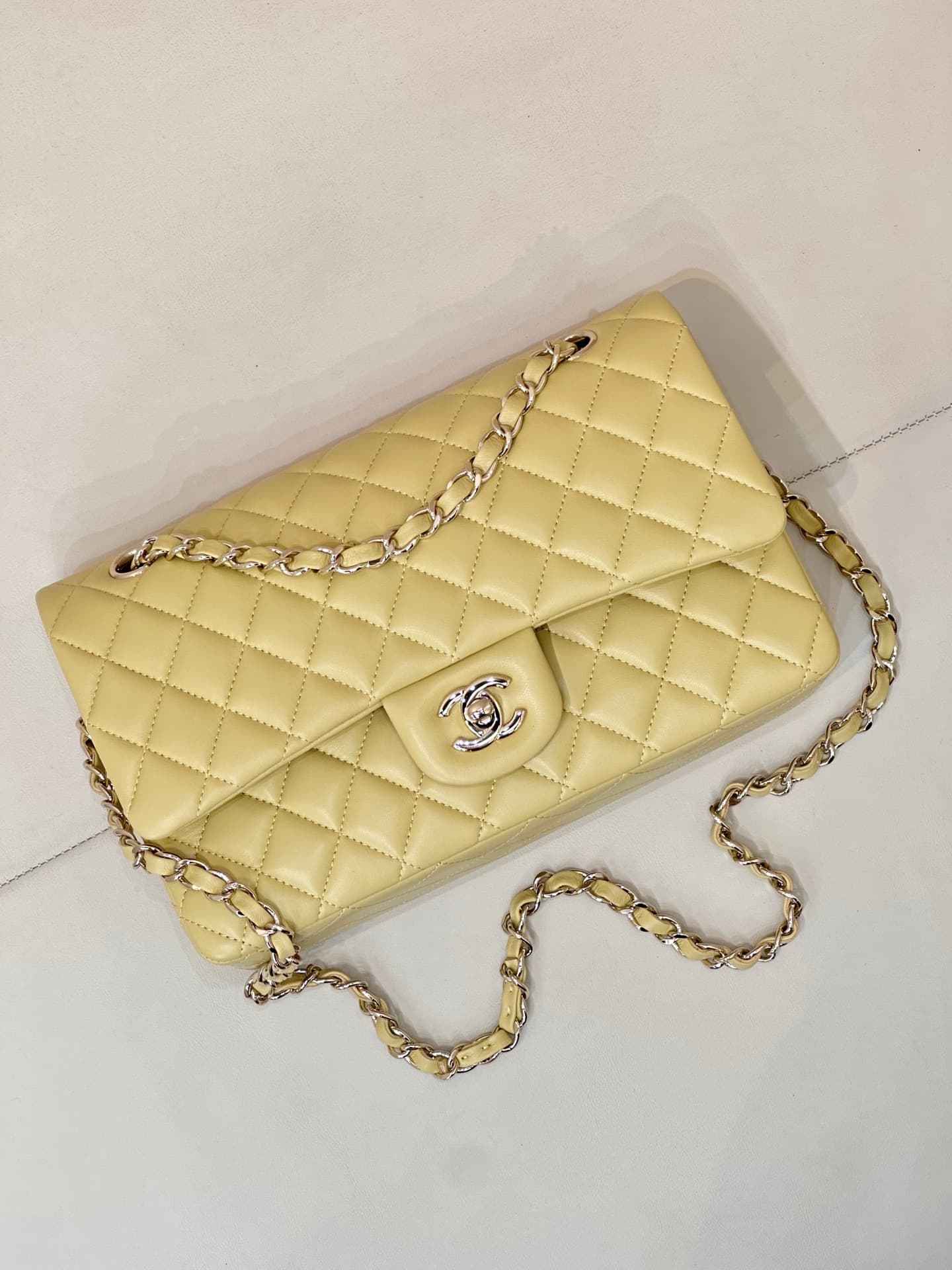 Chanel Medium CLASSIC HANDBAG Lambskin Gold-Tone Metal Yellow TOP