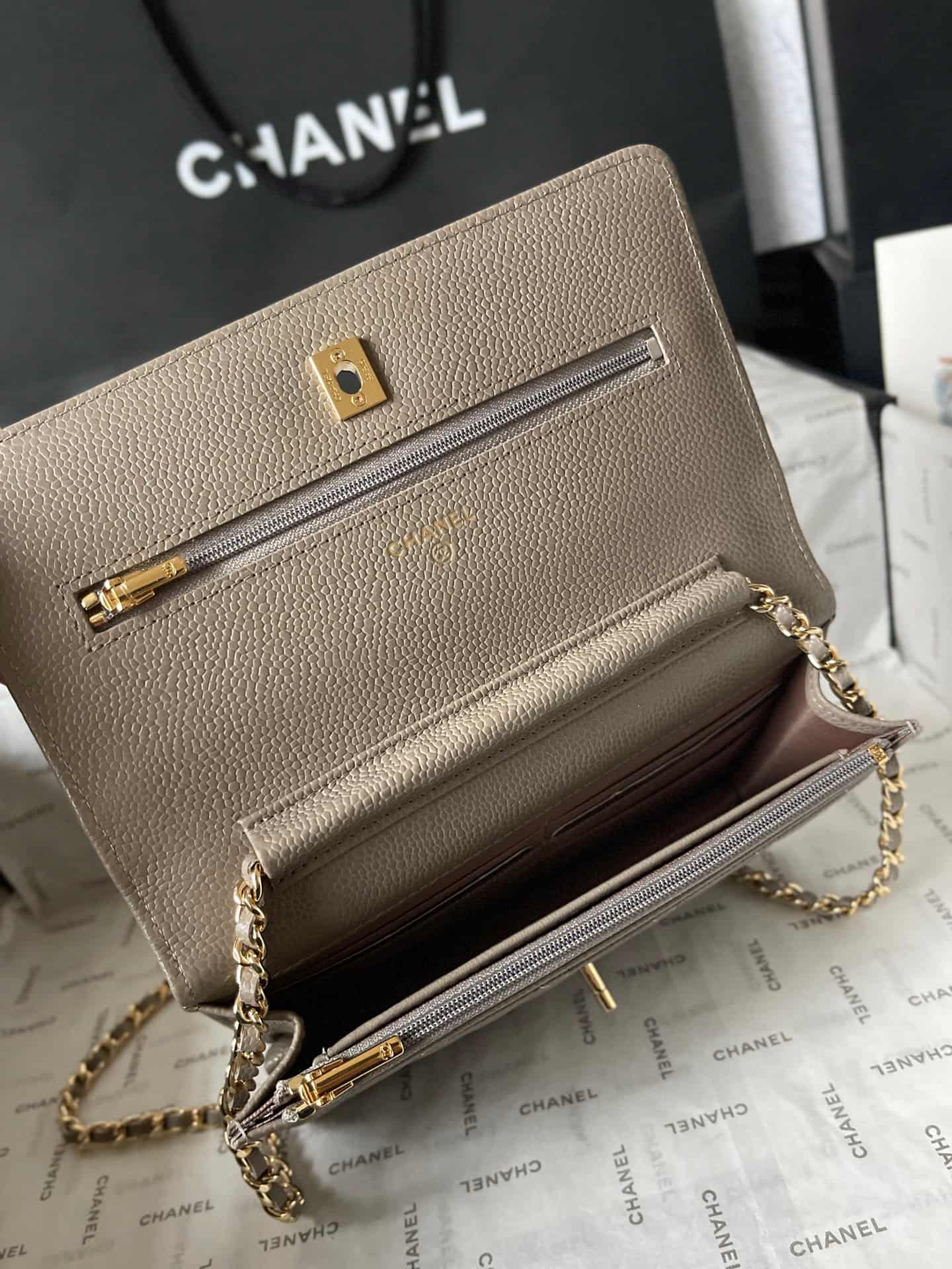 Chanel Classic Wallet on Chain Grained Shiny Calfskin & Gold-Tone Metal AP4241 Grey A