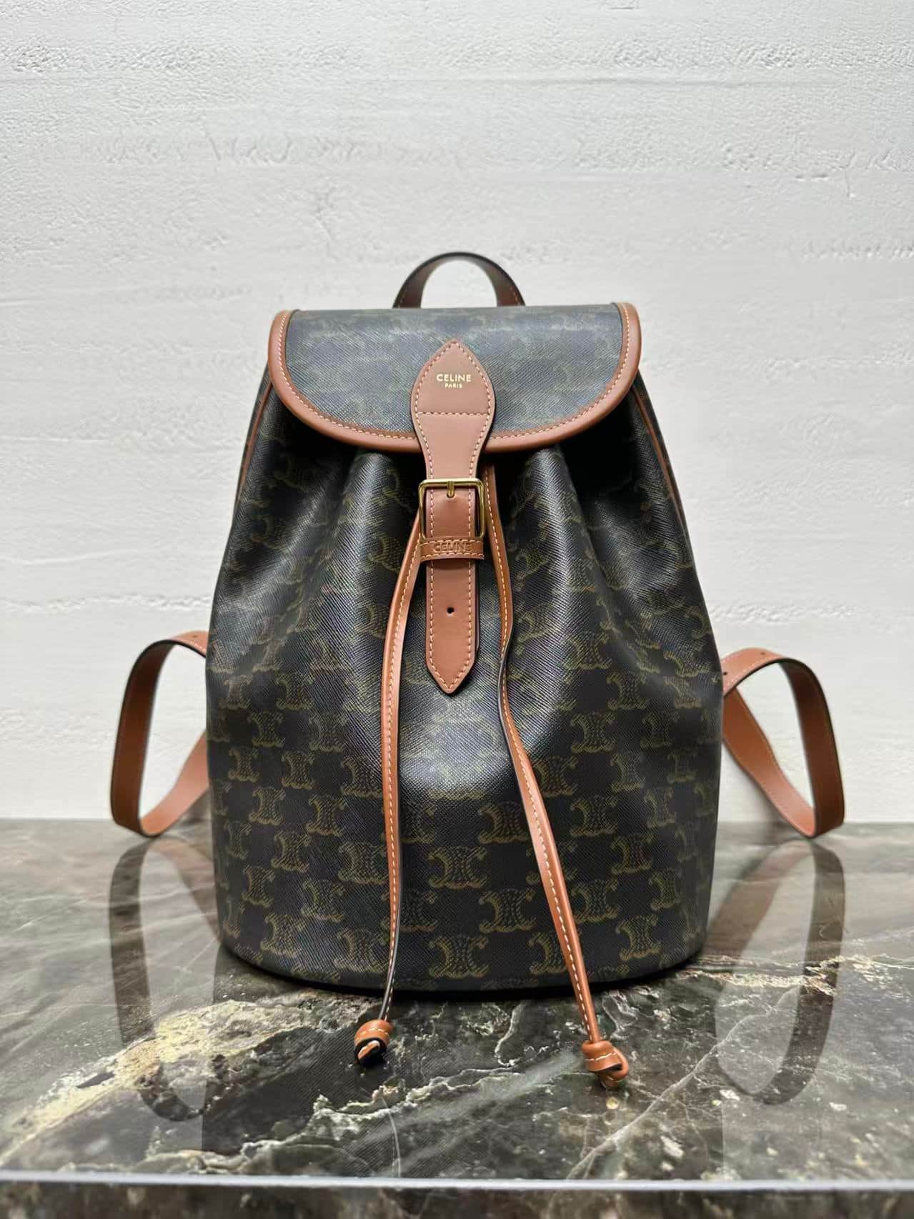 Celine Medium Backpack Folco in Triomphe canvas and calfskin high