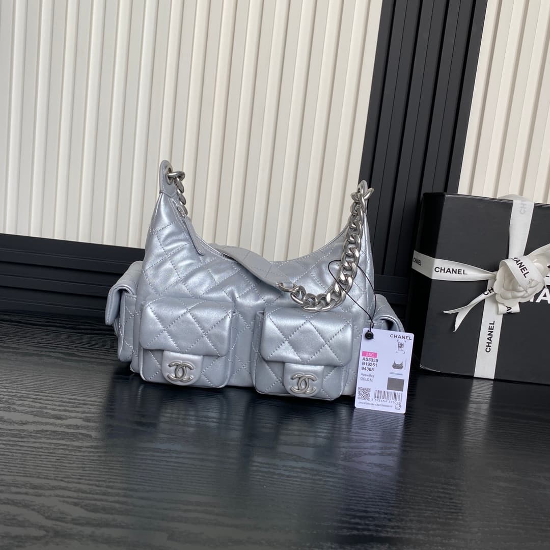 Chanel Trendy Pockets Hobo Bag Lambskin & Silver Metal Silver AS5339 A