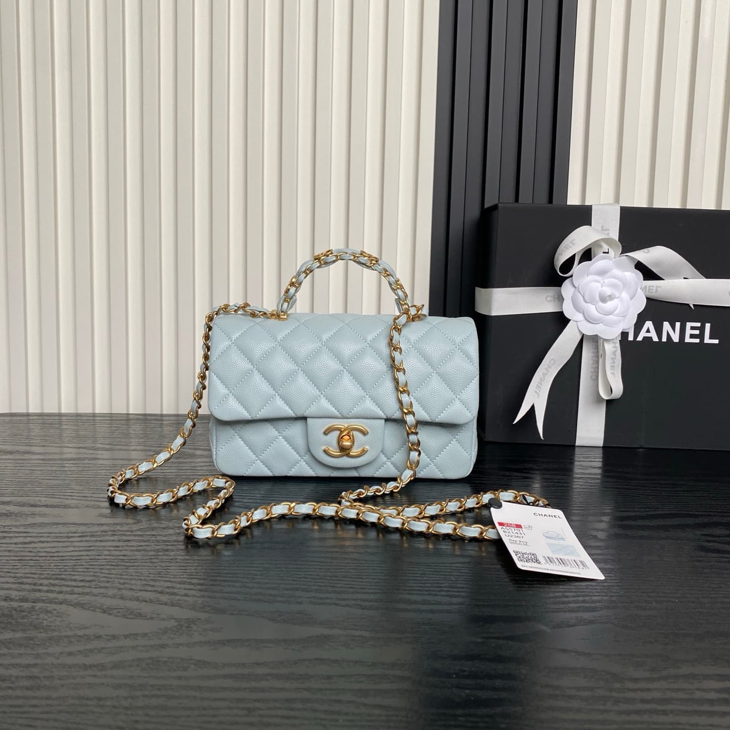 Chanel Mini Flap Bag with Top Handle Grained Shiny Calfskin & Gold-Tone Metal Light Blue AS5701 A