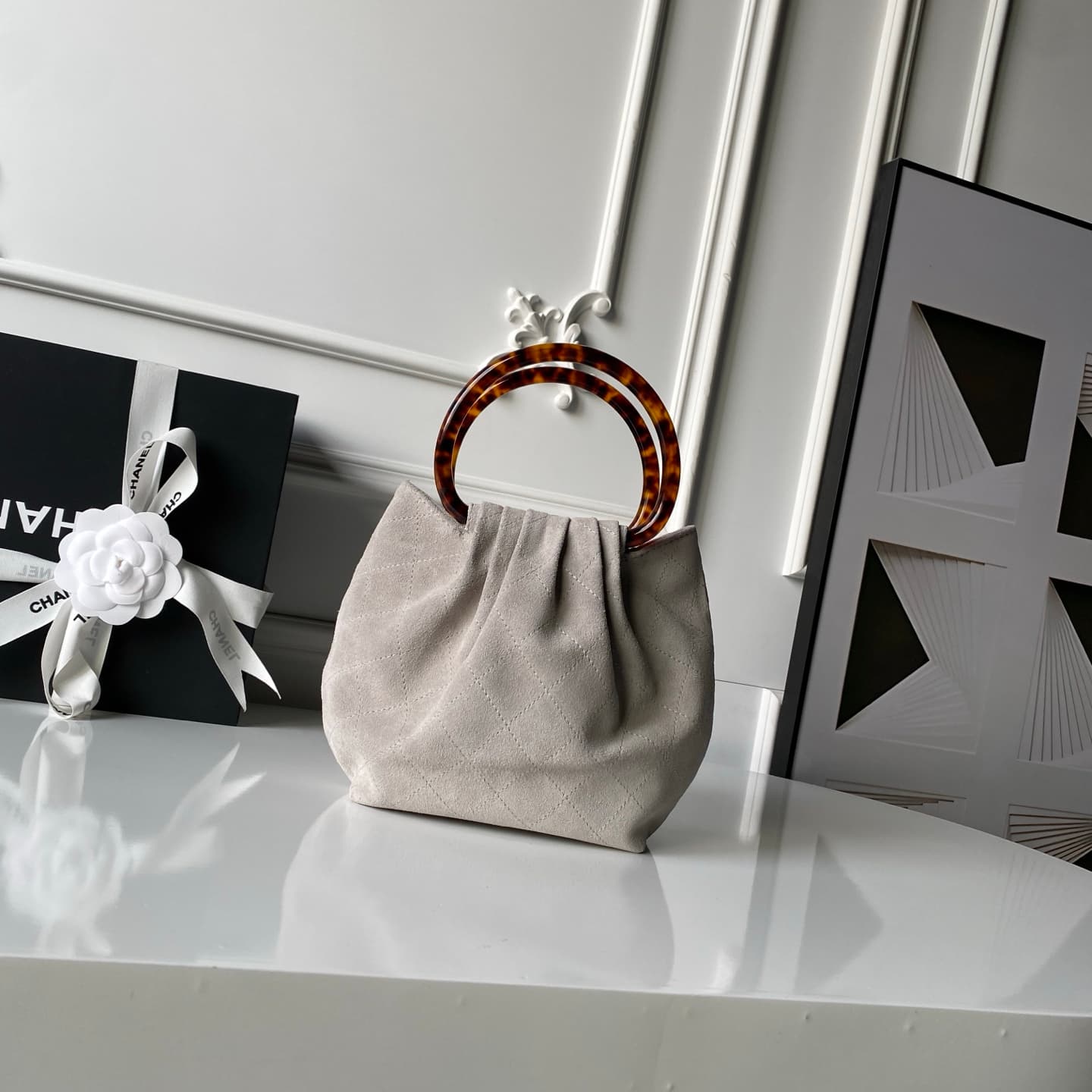 Chanel Small Hobo Bag Suede Calfskin Turtoise-Shell Effect Plexi & Gold-Tone Metal Grey AS6022 High