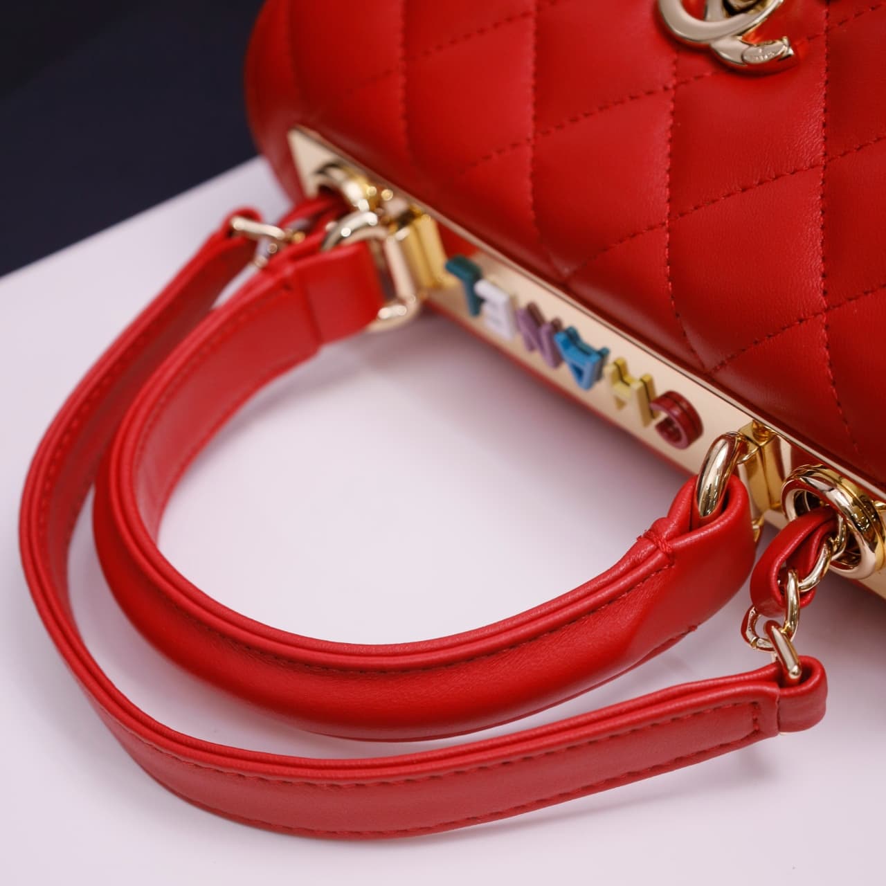Chanel MINI FLAP BAG WITH TOP HANDLE AS4654 Lambskin &Gold-Tone Metal Light Red A