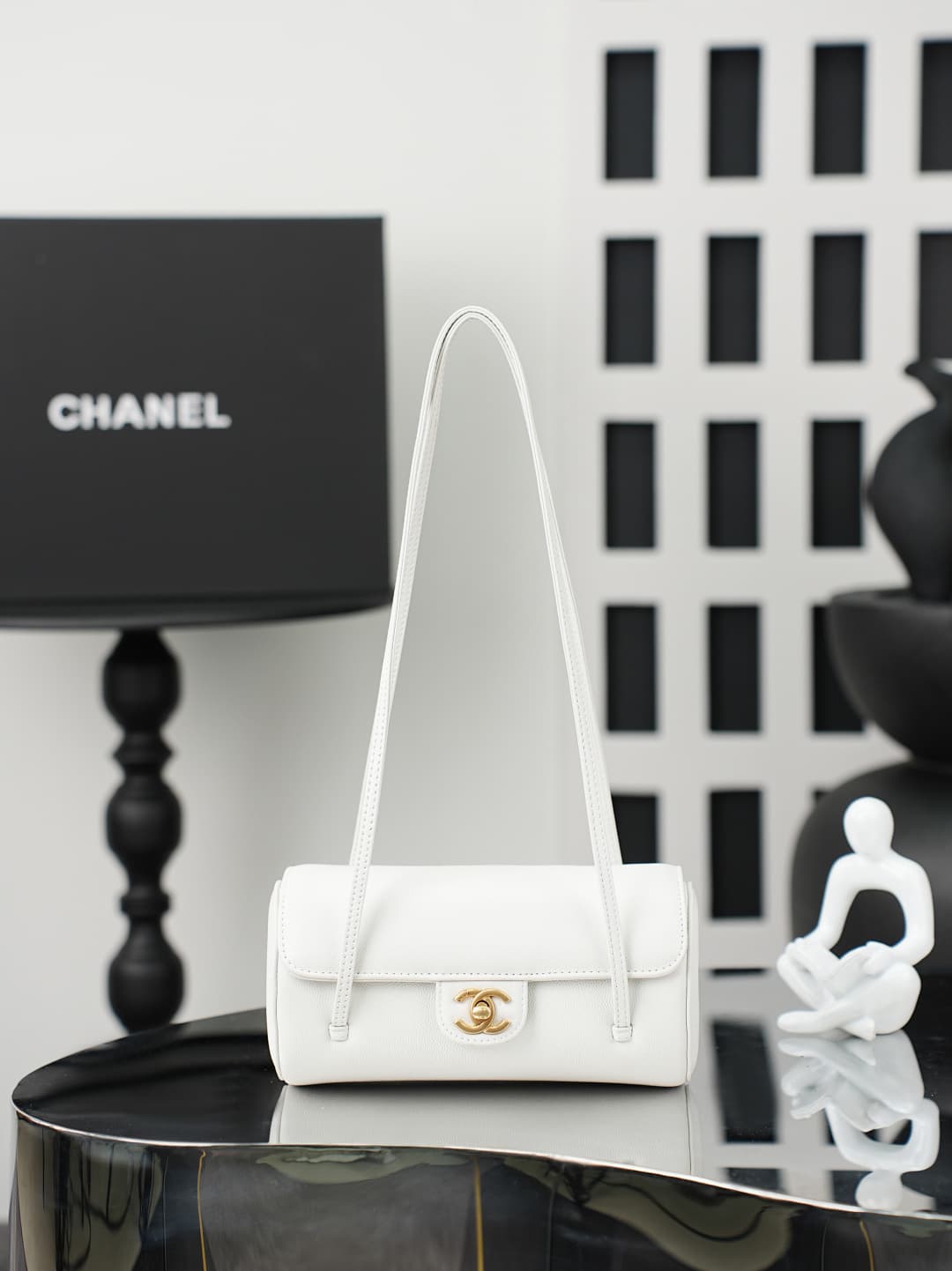 Chanel Small Bowling Bag Grained Shiny Calfskin & Gold-Tone Metal AS6143 Whtie High