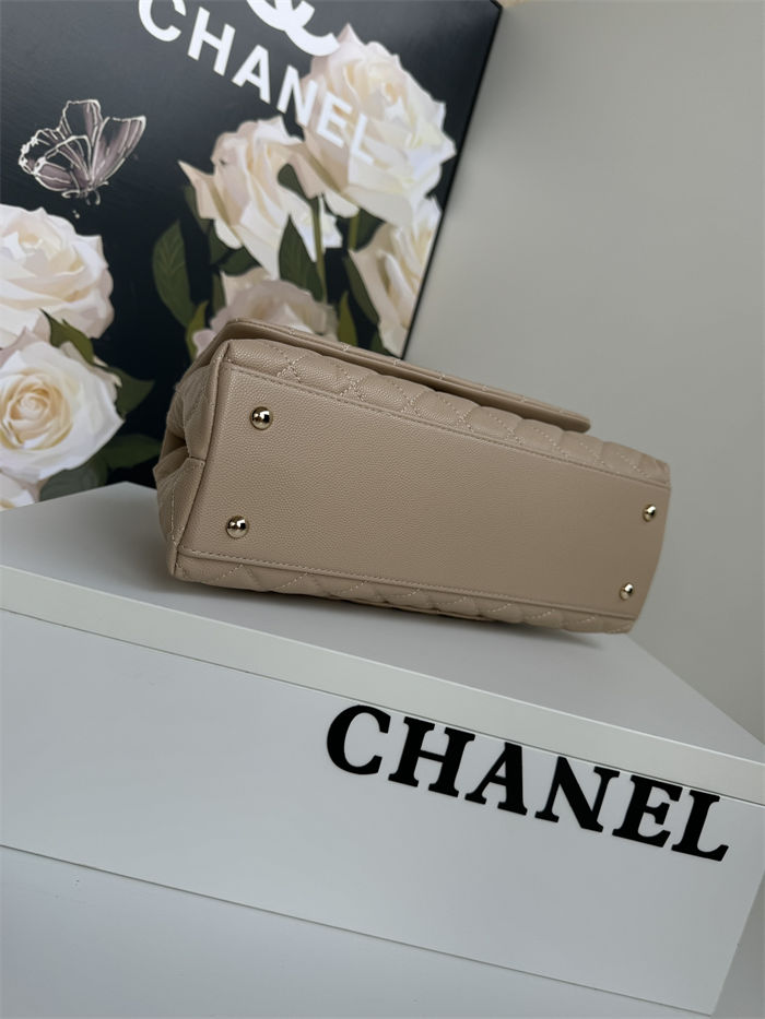 Medium FLAP BAG WITH TOP HANDLE Grained Calfskin Beige Gold Metal High