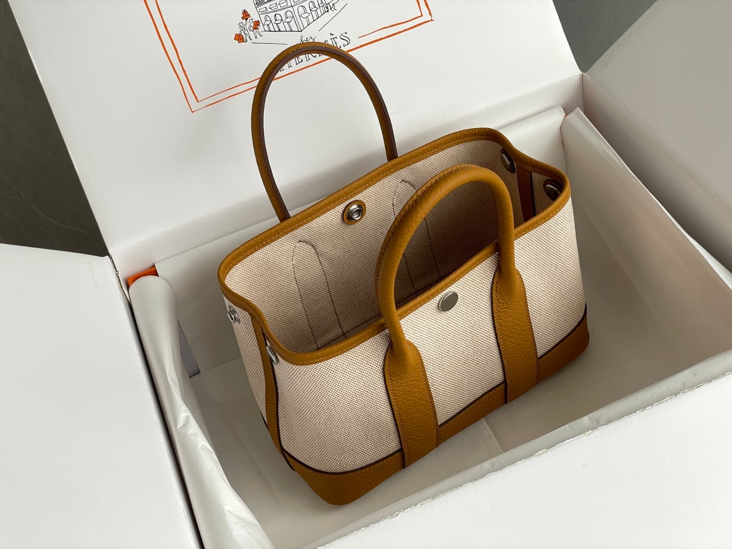 Hermes Garden Party 23 bag in Beach Gold Togo Leather With Canvas WAX High