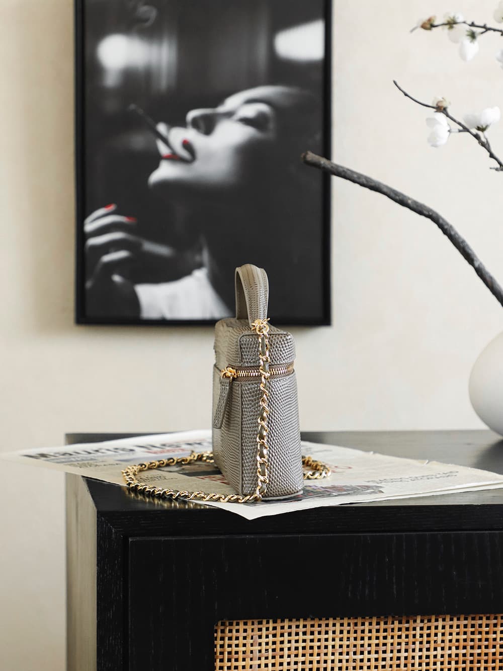 Chanel Small Vanity with chain Lizard Embossed Calfskin & Gold-Tone Metal Dark Khaki AS5195 A