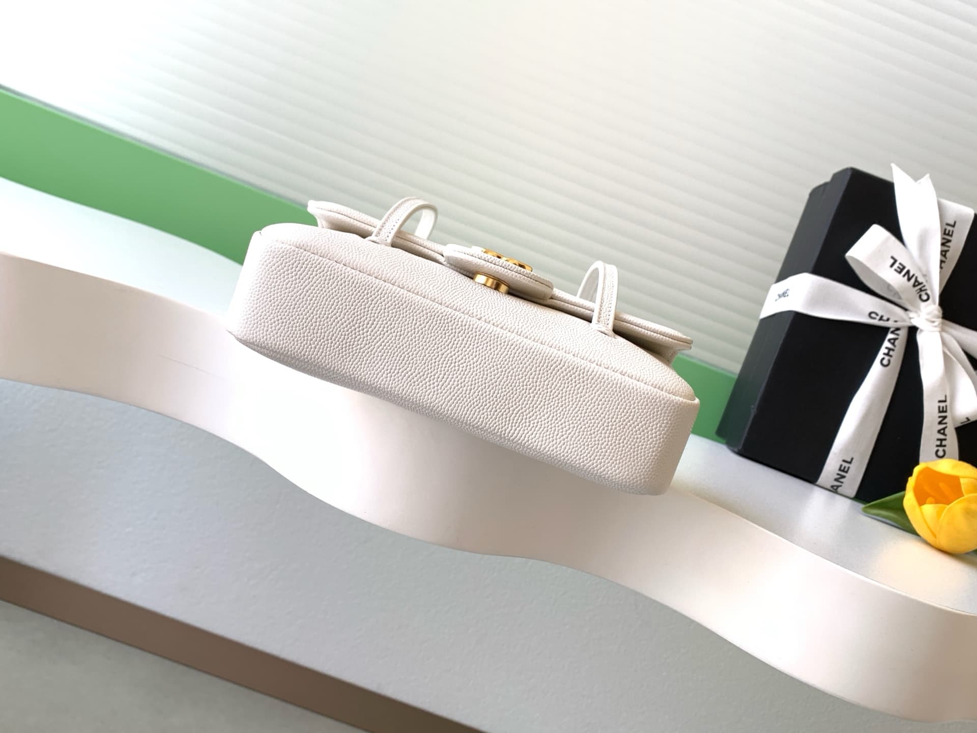 Chanel Clutch with Leather Strap Grained Shiny Calfskin & Gold-Tone Metal White AP5068 A