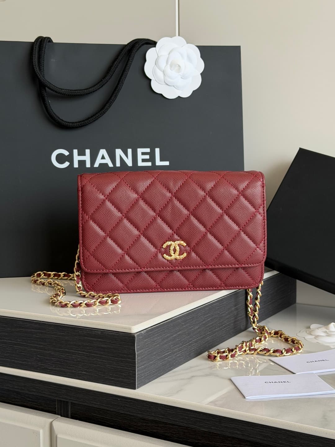 Chanel Wallet on Chain Shiny Grained Calfskin Strass & Gold-Tone Metal Red AP5073 High
