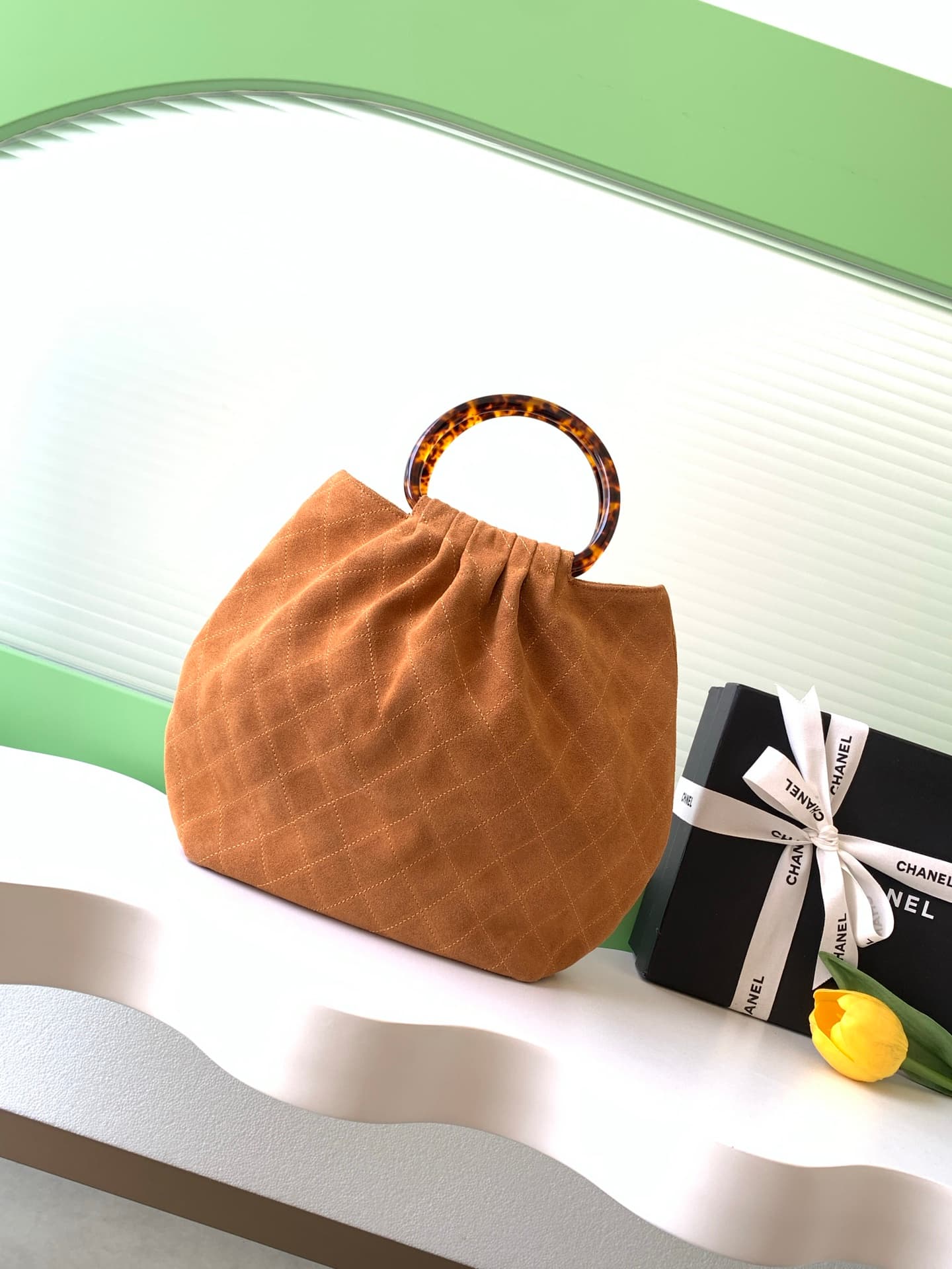 Chanel Medium Hobo Bag Suede Calfskin Turtoise-Shell Effect Plexi & Gold-Tone Metal Camel AS6010 High