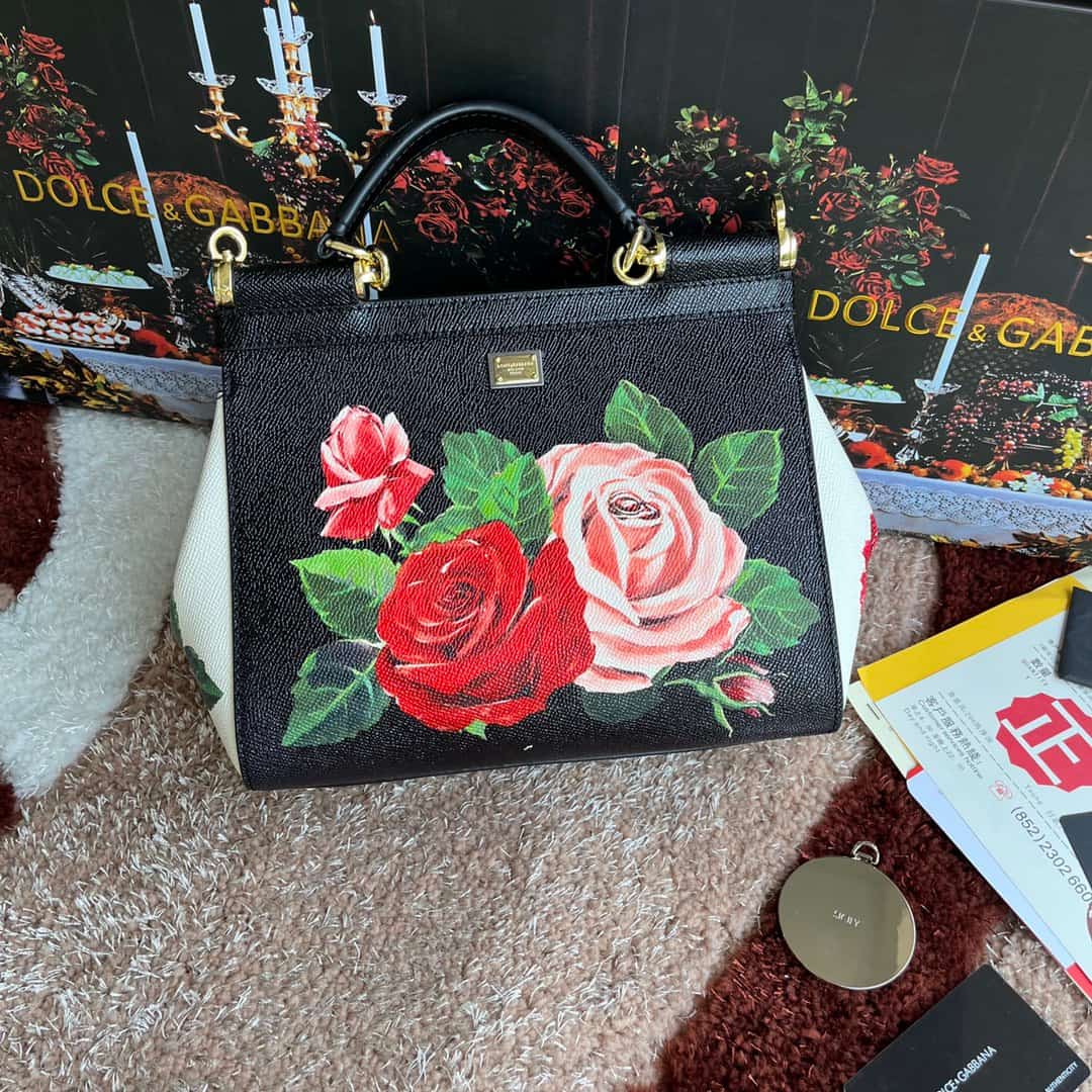 Dolce & Gabbana Miss Sicily top handle bag with vibrant red rose print leather High