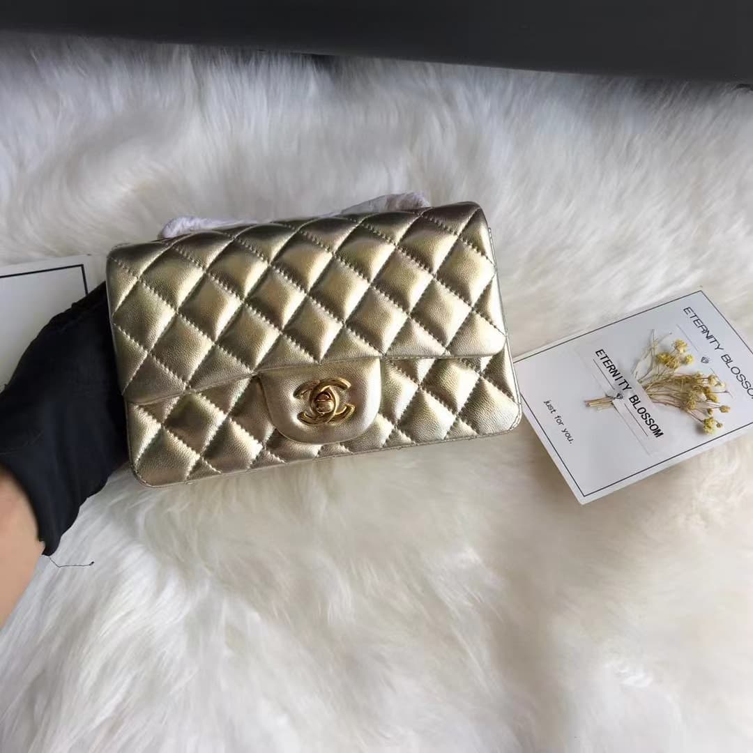 Chanel Classic Handbag Metallic Gold Quilted Lambskin Gold-Tone Metal A