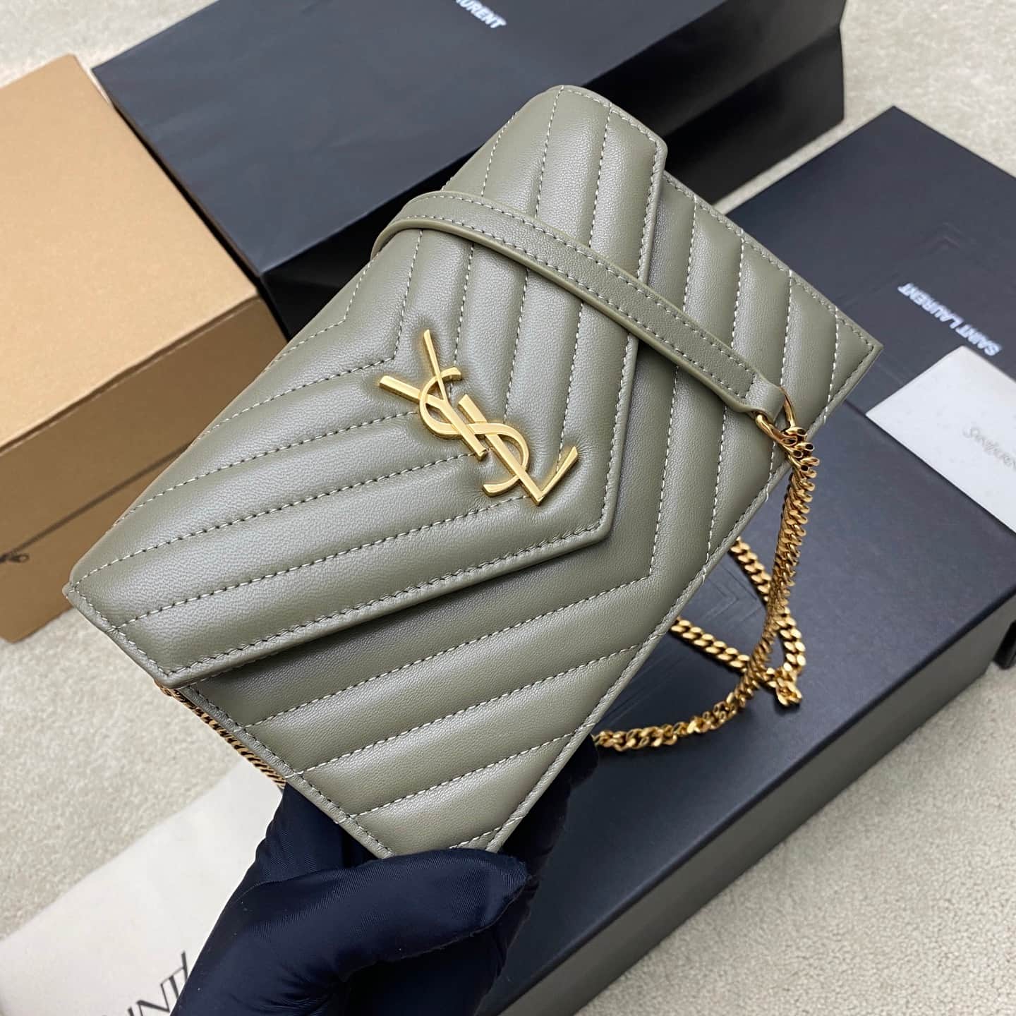 Saint Laurent Monogram Matelassé Cassandre Wallet on Chain Moss Green Lambskin 393953 High