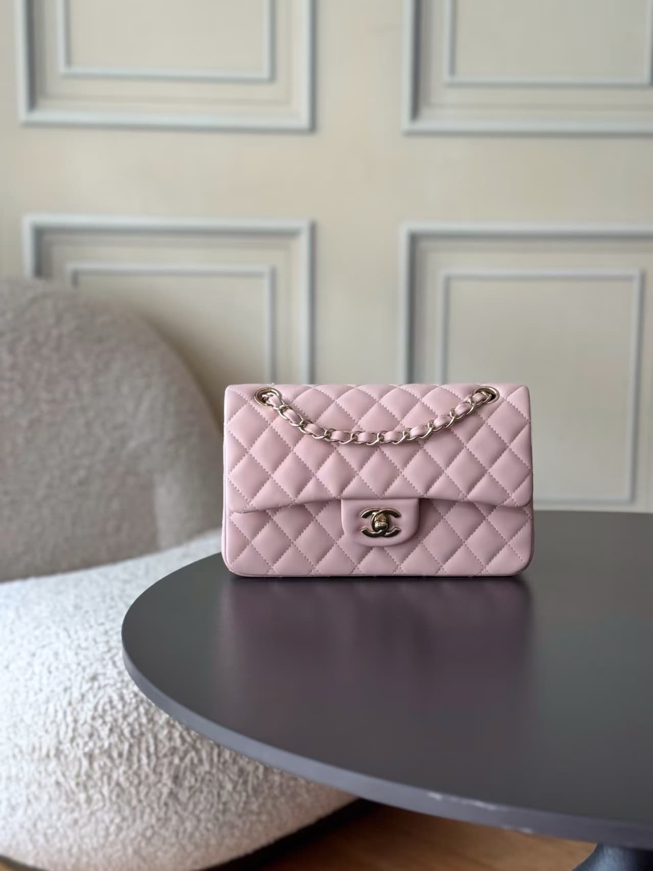 Chanel Small CLASSIC HANDBAG Lambskin Gold-Tone Metal Pink 1117 TOP