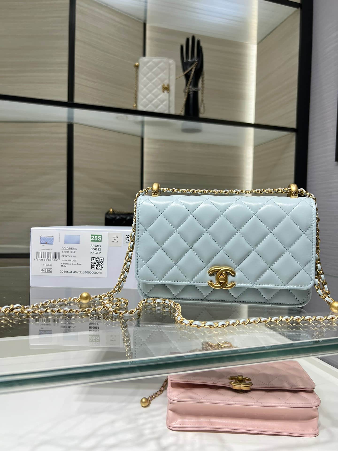 Chanel Wallet on Chain Shiny Calfskin & Gold-Tone Metal Light Blue AP2289 High