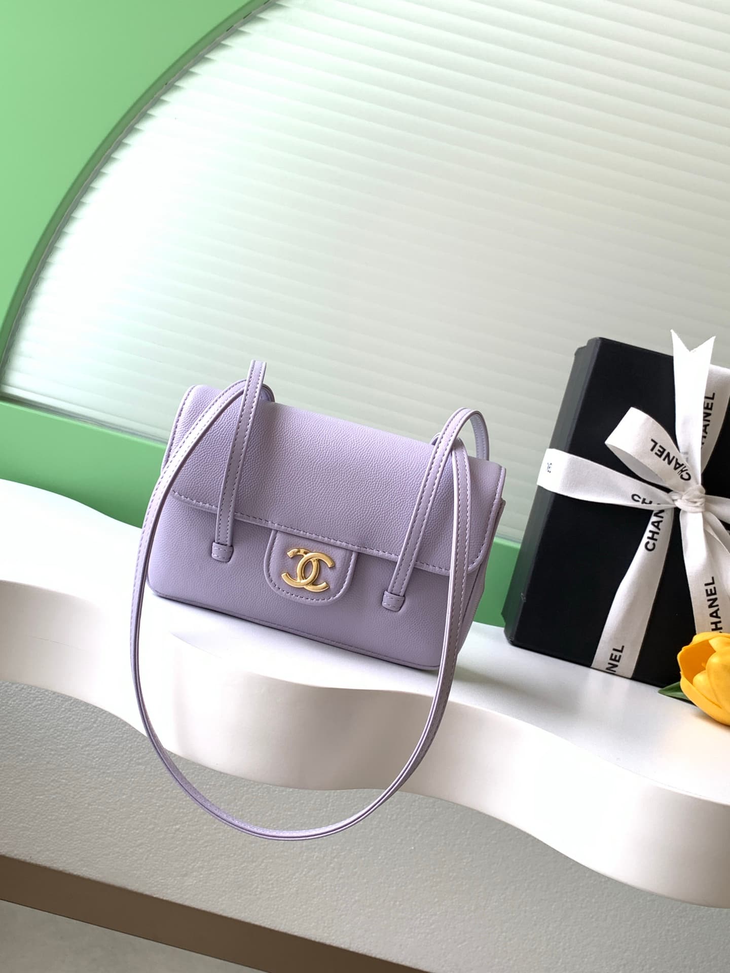 Chanel Clutch with Leather Strap Grained Shiny Calfskin & Gold-Tone Metal Purple AP5068 A