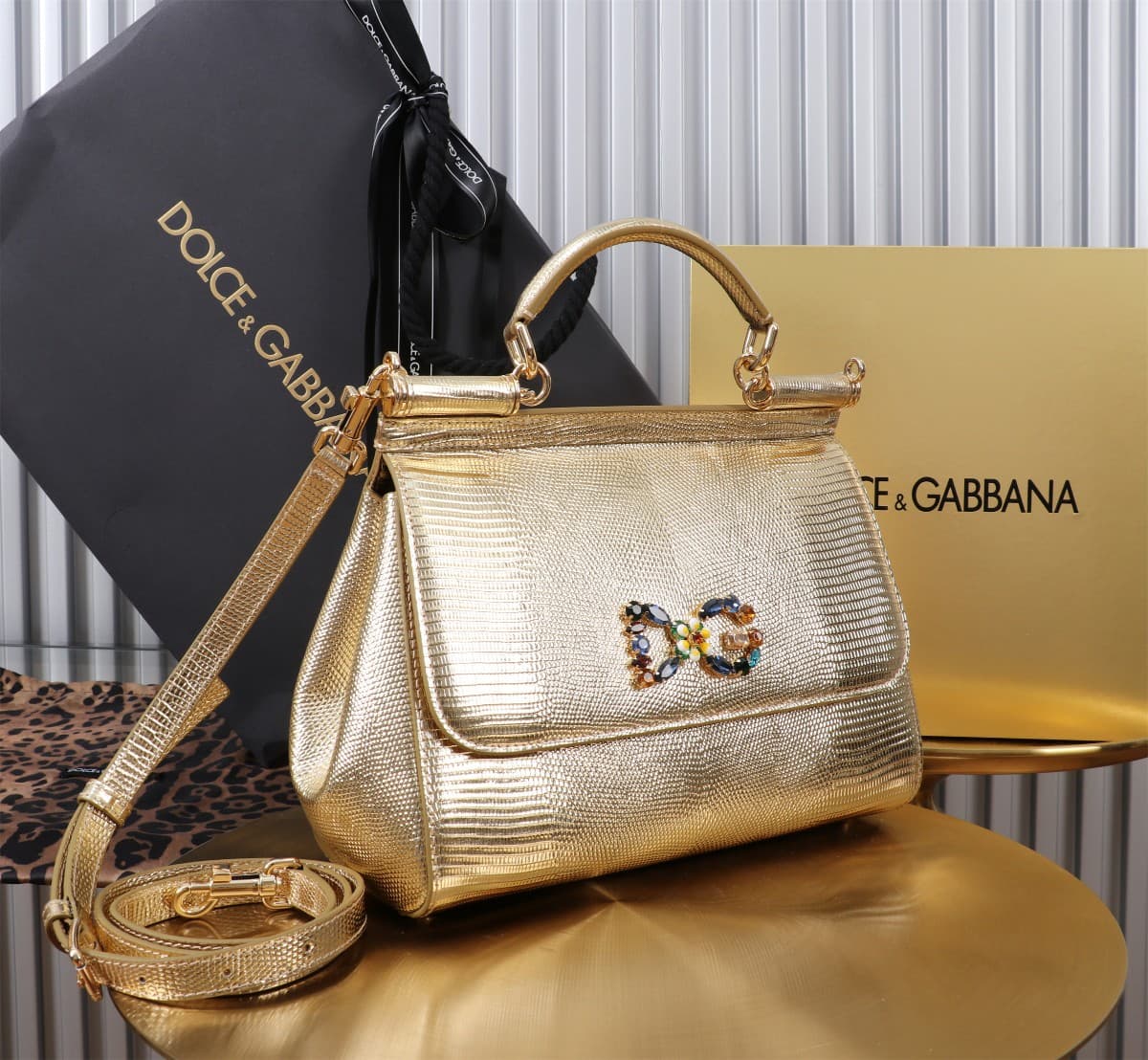 Sicily Handbag 25cm in Iguana Print Calfskin and Crystal DG Logo Patch High