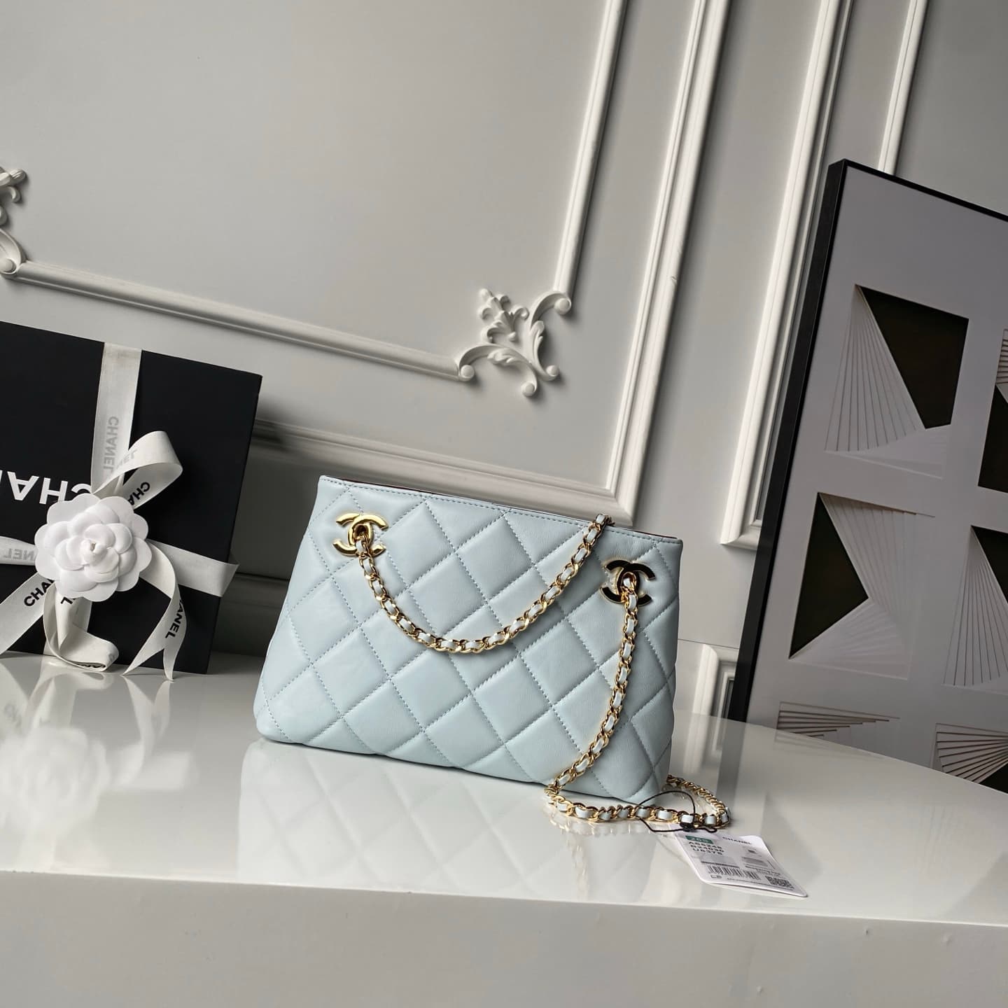 Chanel Small Shopping Bag Lambskin & Gold-Tone Metal AS6248 Light Blue High