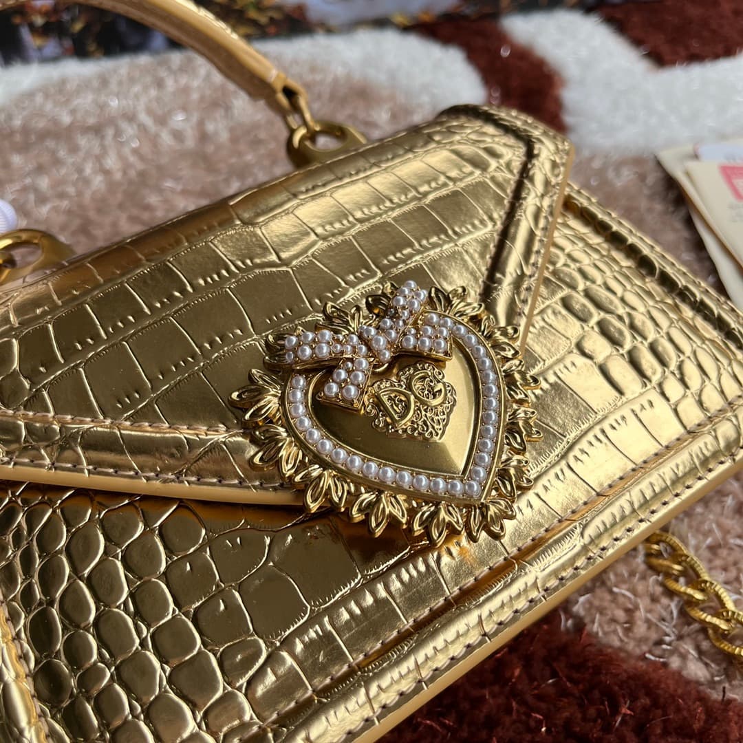 Dolce & Gabbana Small Devotion bag in crocodile-effect calfskin Gold High
