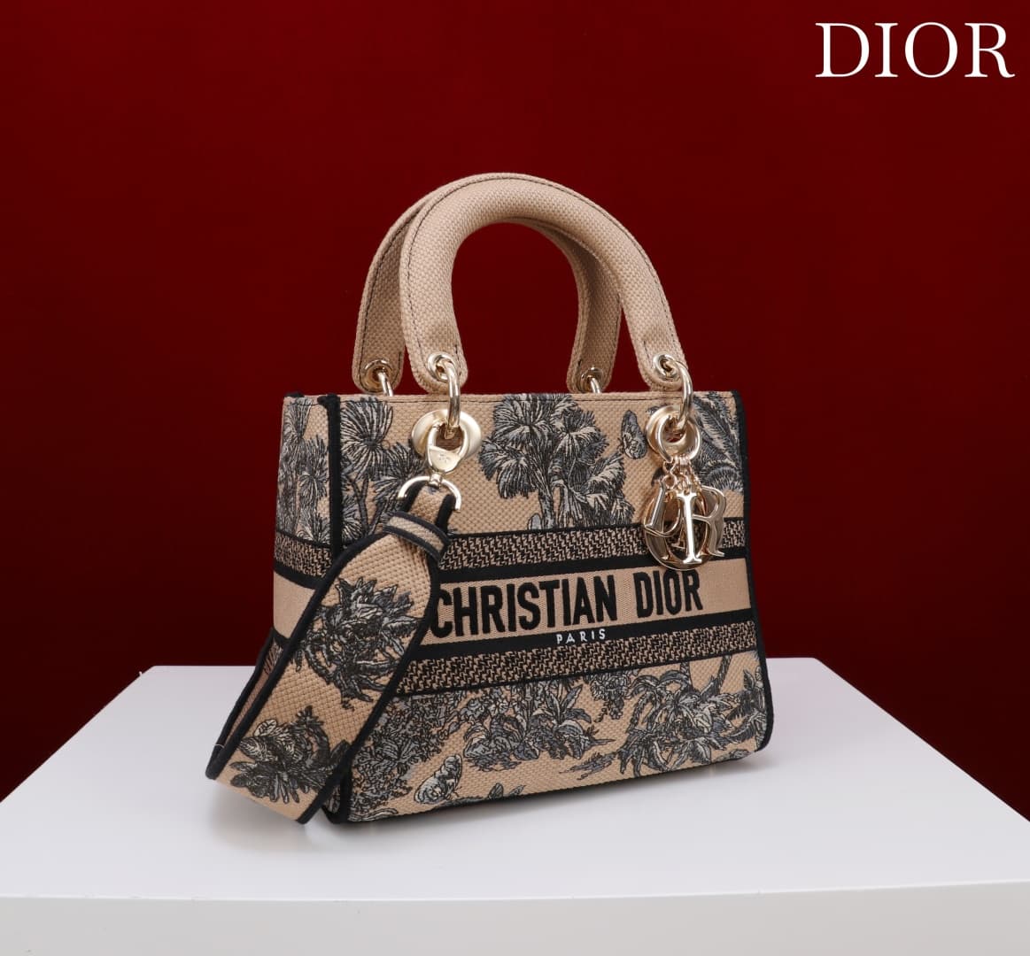 Medium Lady D-Lite Bag Beige and Black Toile de Jouy Palms Embroidery High