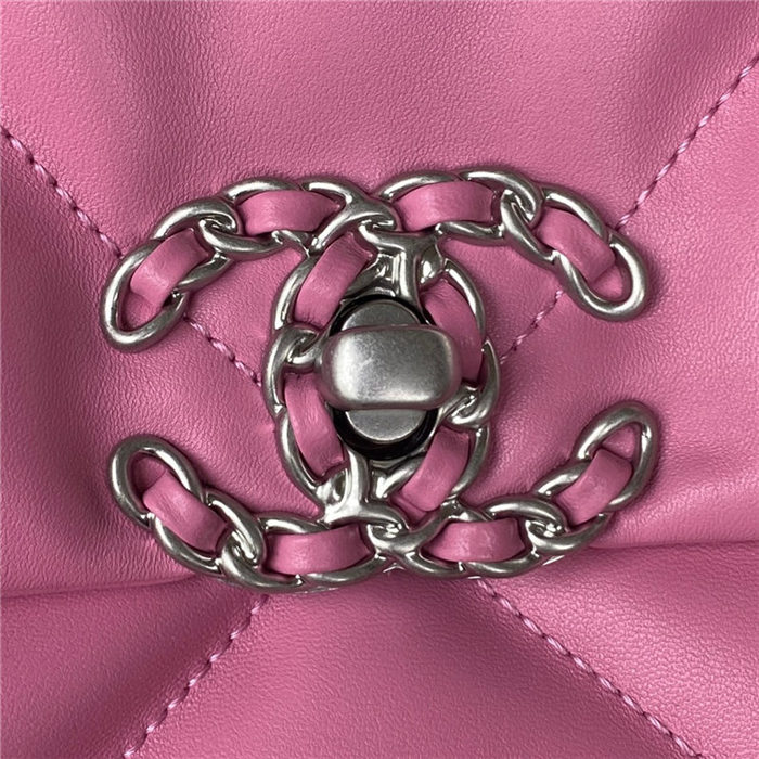Large Chanel 19 Flap Bag Lambskin Dark Pink Silver High