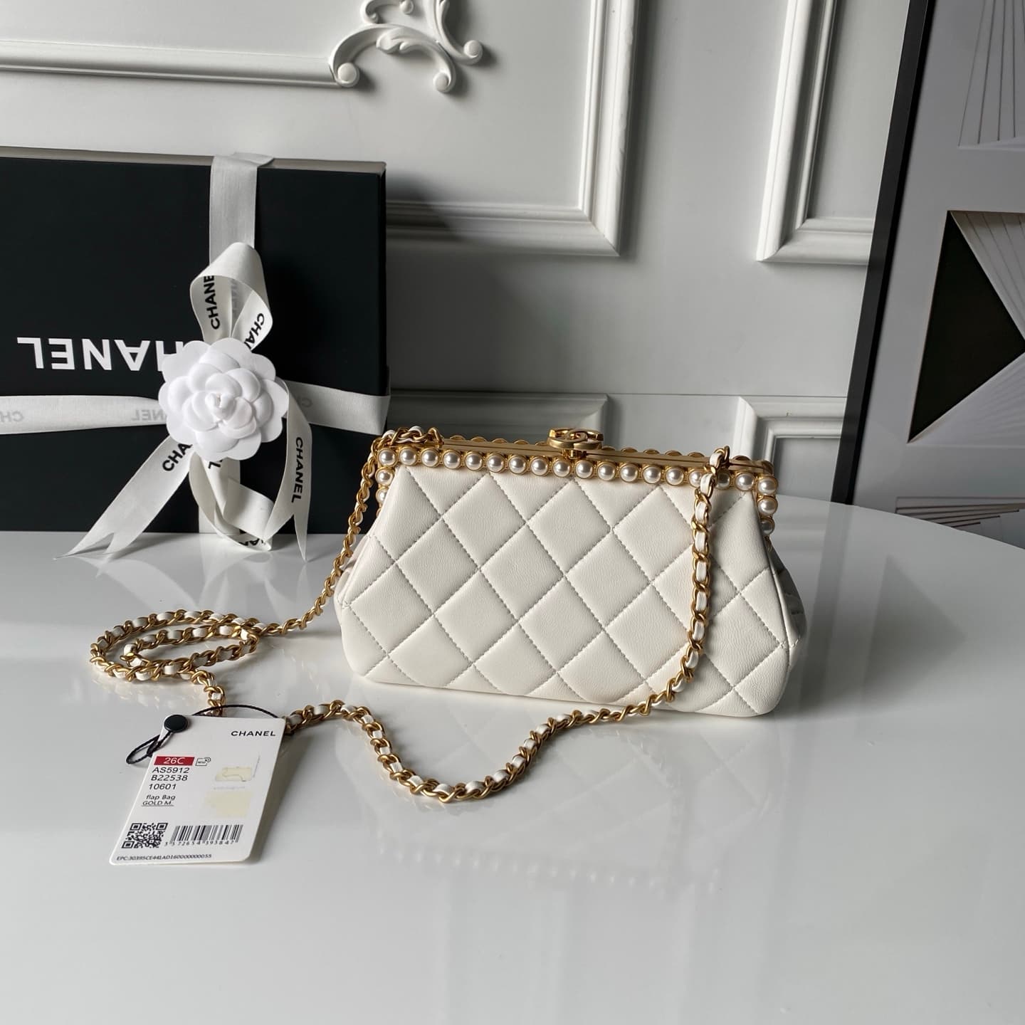 Chanel Pearly Lambskin Imitation Pearls & Gold-Tone Metal Cream AS5912 A