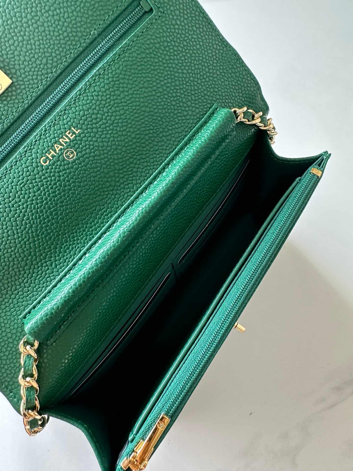 Chanel Classic Wallet on Chain Grained Shiny Calfskin & Gold-Tone Metal AP4241 Green High