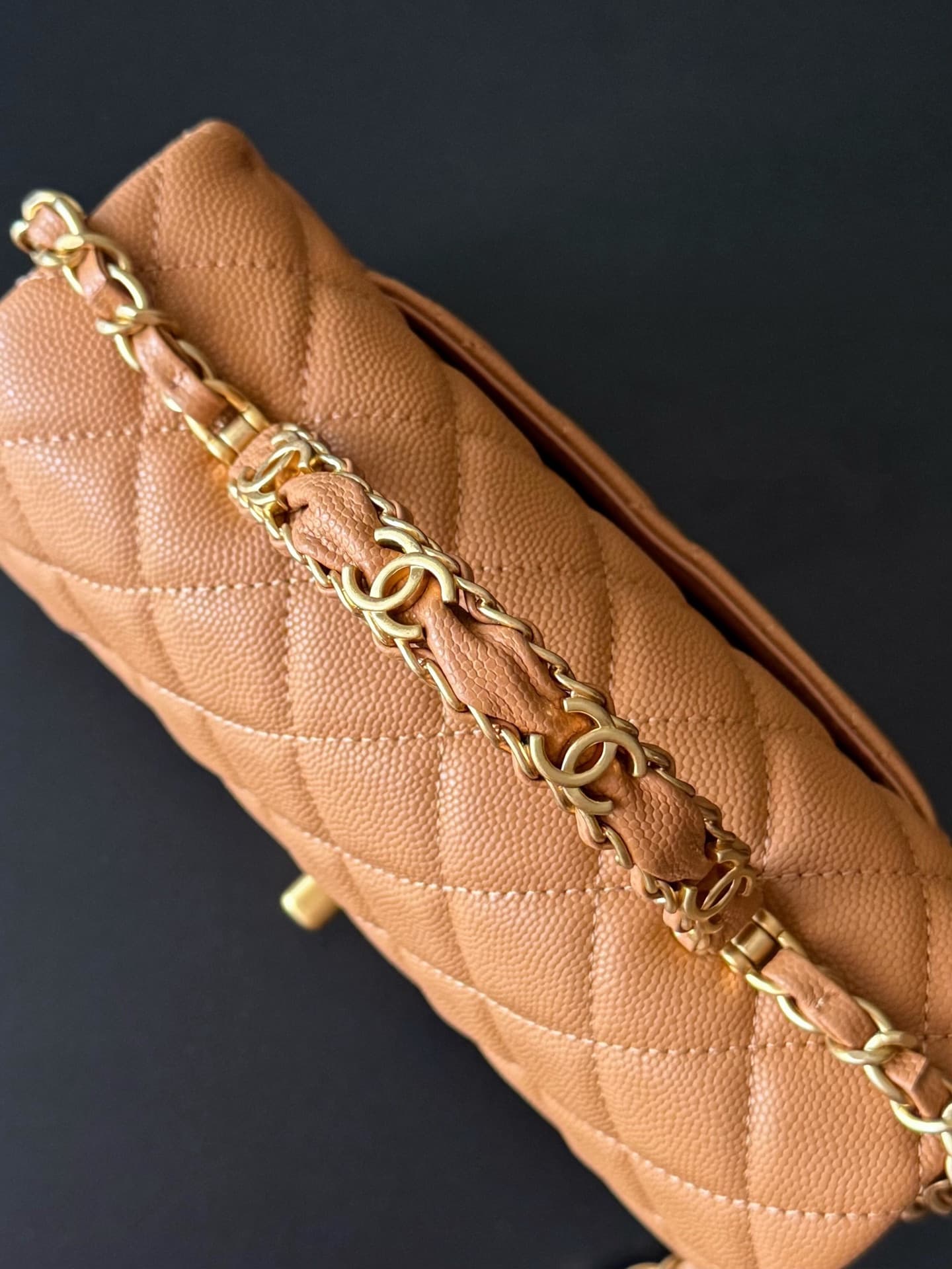 Chanel Mini Flap Bag with Top Handle Grained Shiny Calfskin & Gold-Tone Metal Caramel AS5701 TOP