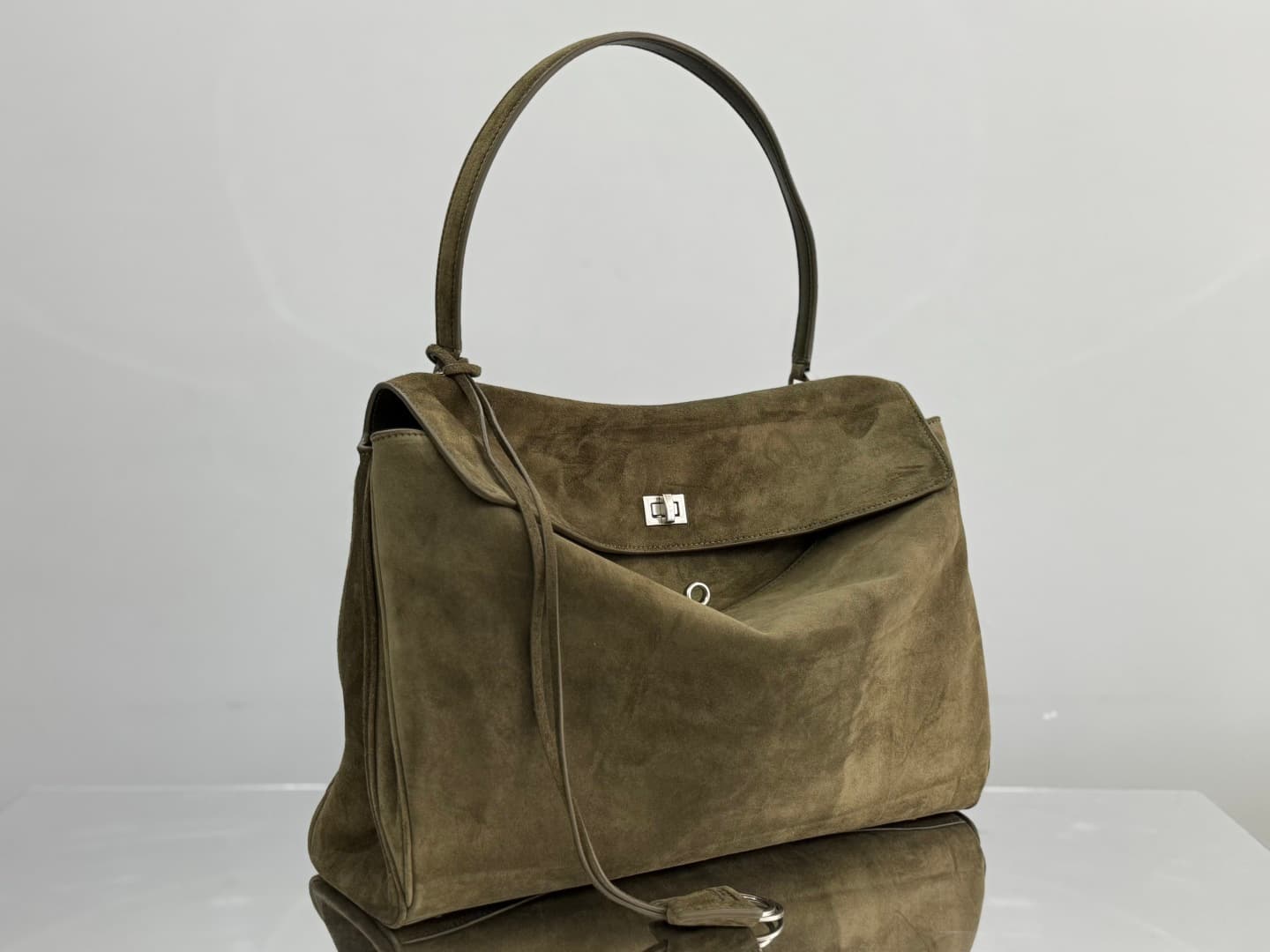Balenciaga Rodeo Large Bag in Khaki Waxed Suede Calfskin With Silver-Tone Metal TOP