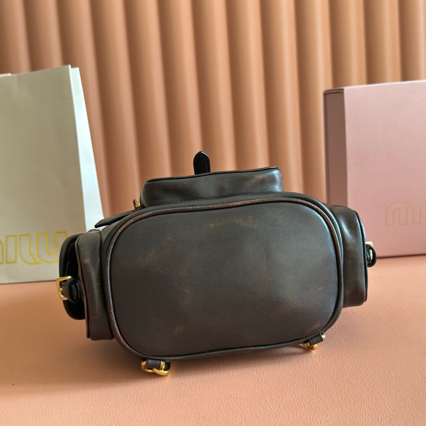 Miu Miu Leather backpack Coffee Calfskin 5BZ043  TOP