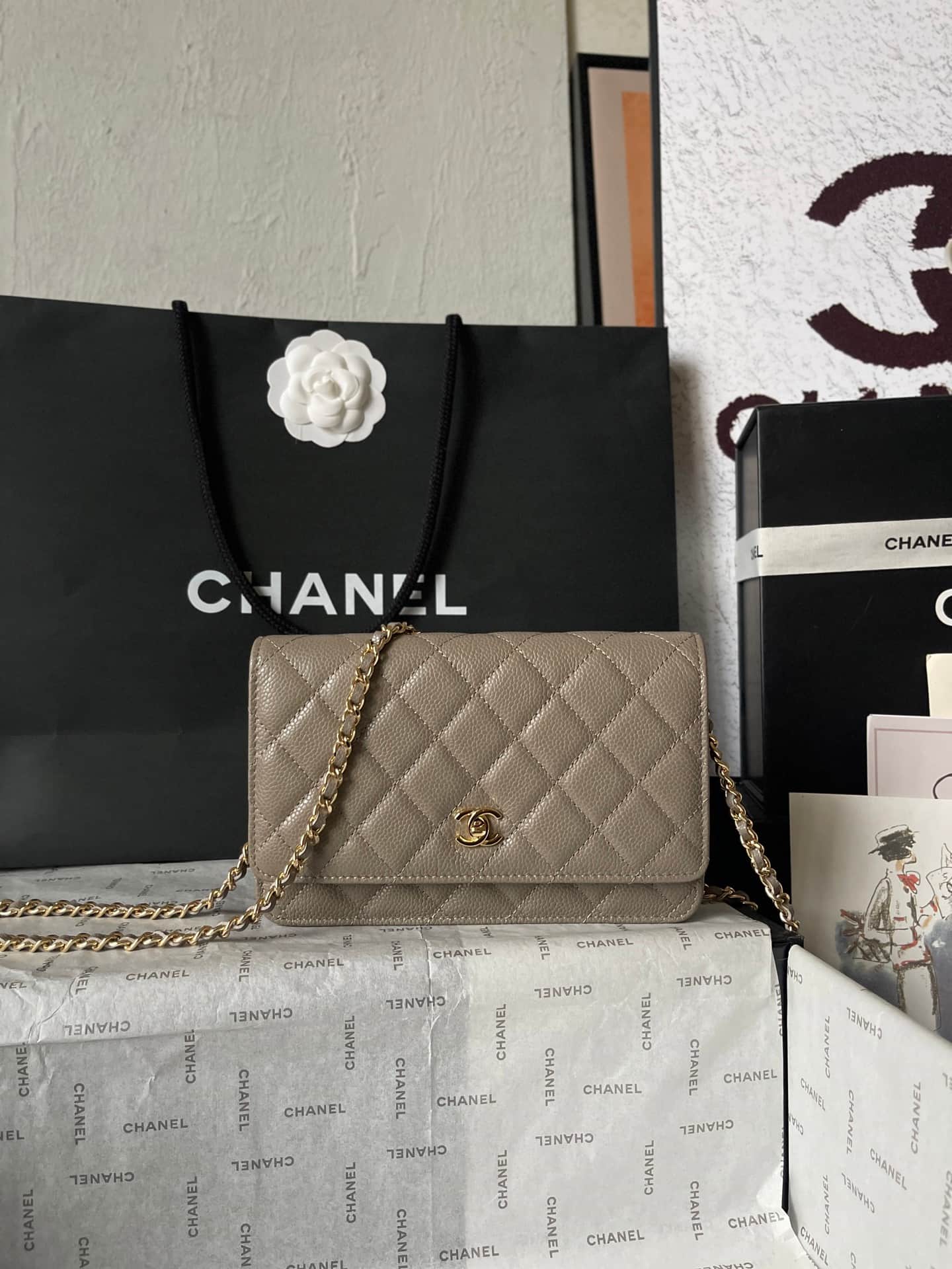 Chanel Classic Wallet on Chain Grained Shiny Calfskin & Gold-Tone Metal AP4241 Grey A