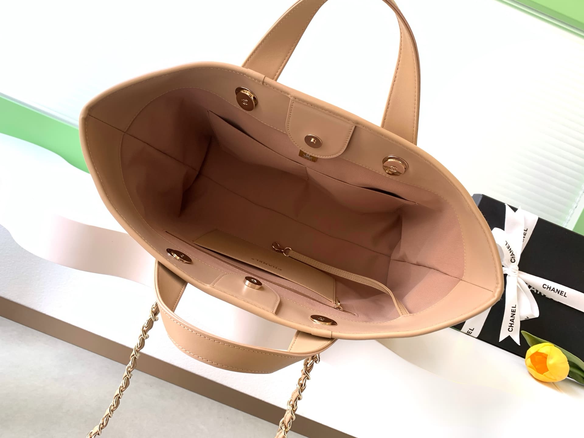 Chanel Deauville tote bag Striped canvas & Gold-Tone Metal Beige AS6007 A