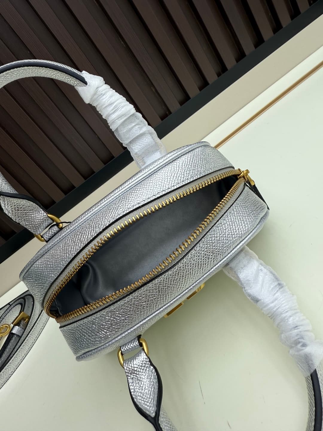 Valentino VLogo Signature Mini Bowling Bag in Grainy Calfskin Silver High