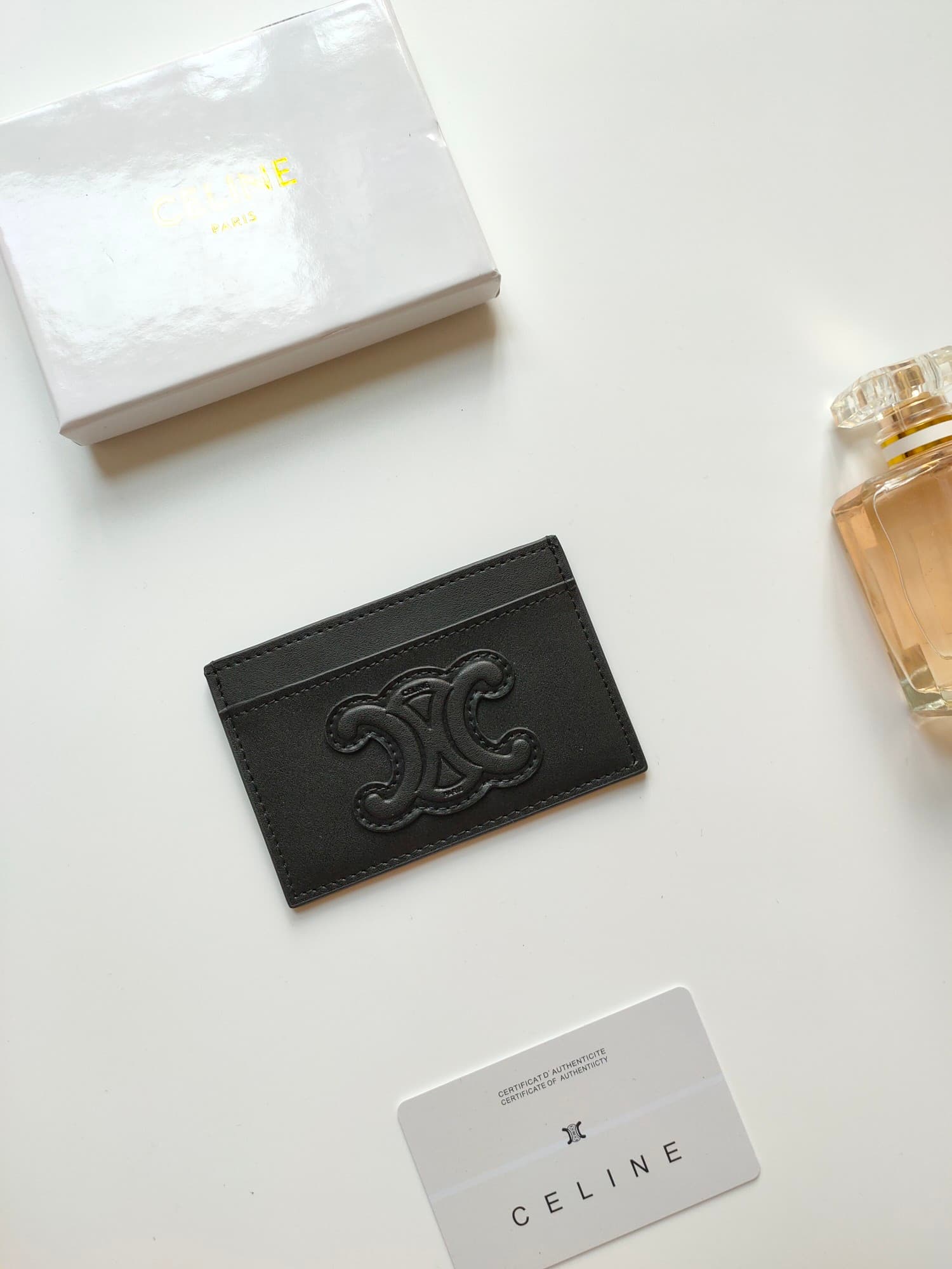 Celine Triomphe card holder in balck shiny calfskin leather 10B703 High