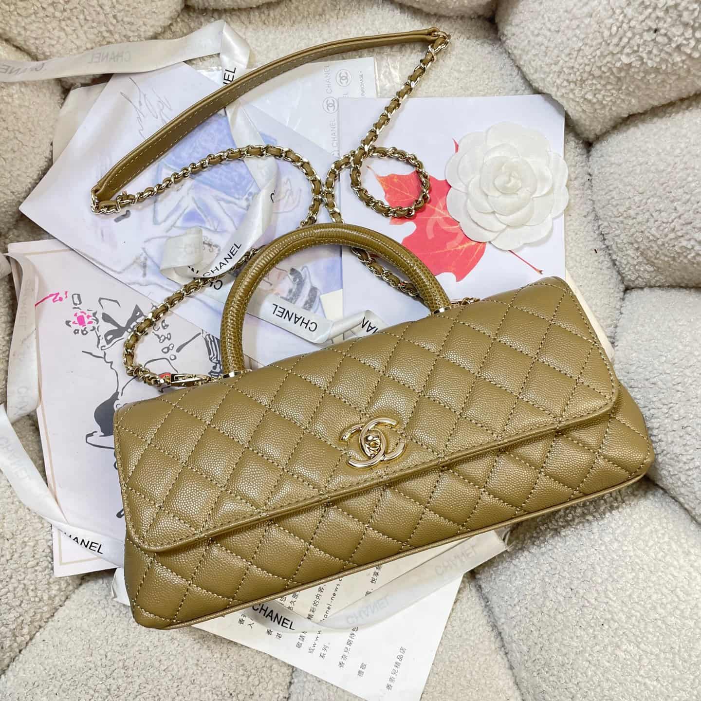 Chanel Maxi Flap Bag with Top Handle Grained Calfskin& Gold-Tone Metal AS6091 Dark Yellow A