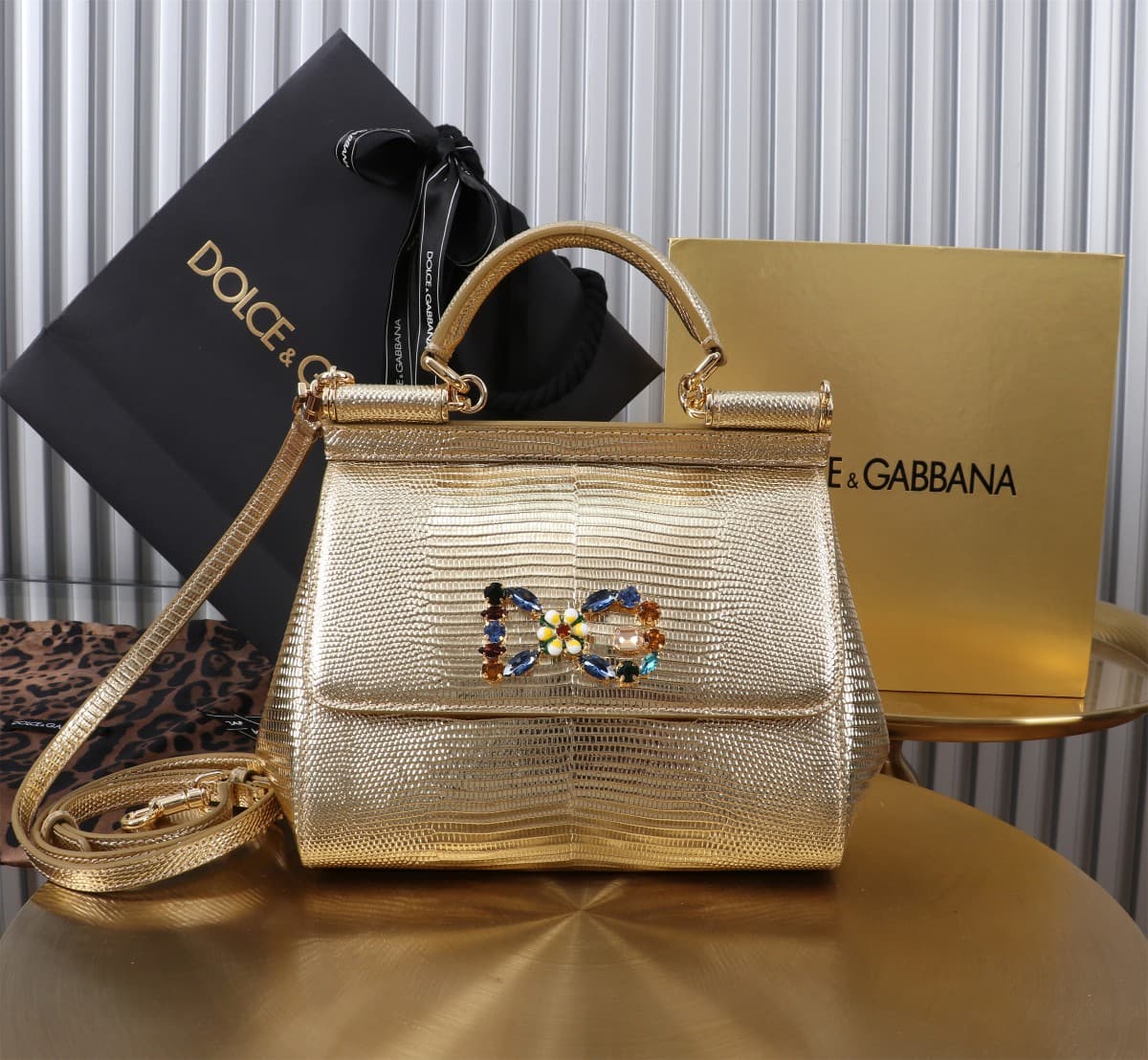 Sicily Handbag 20cm in Iguana Print Calfskin and Crystal DG Logo Patch High