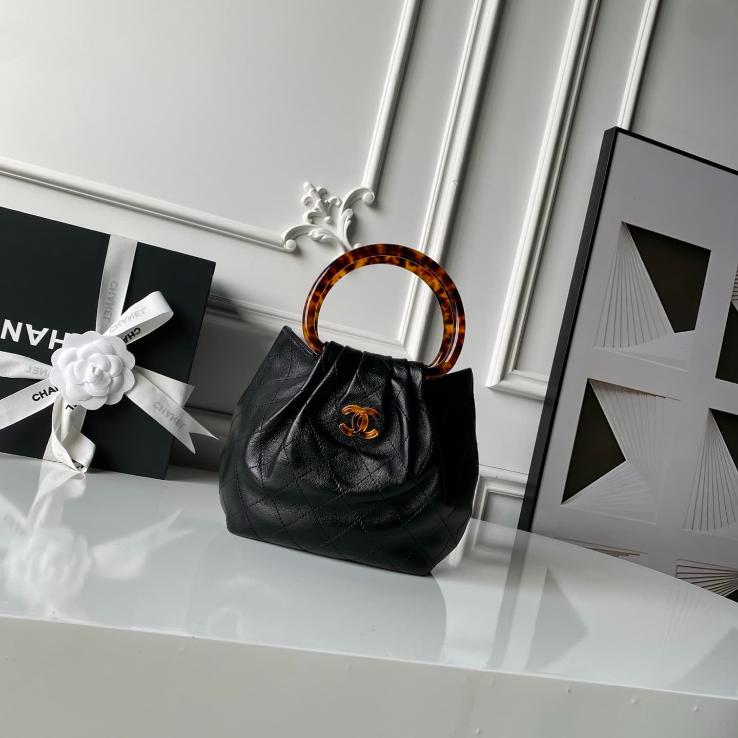 Chanel Small Hobo Bag Lambskin-Shell Effect Plexi & Gold-Tone Metal Black AS6022 High
